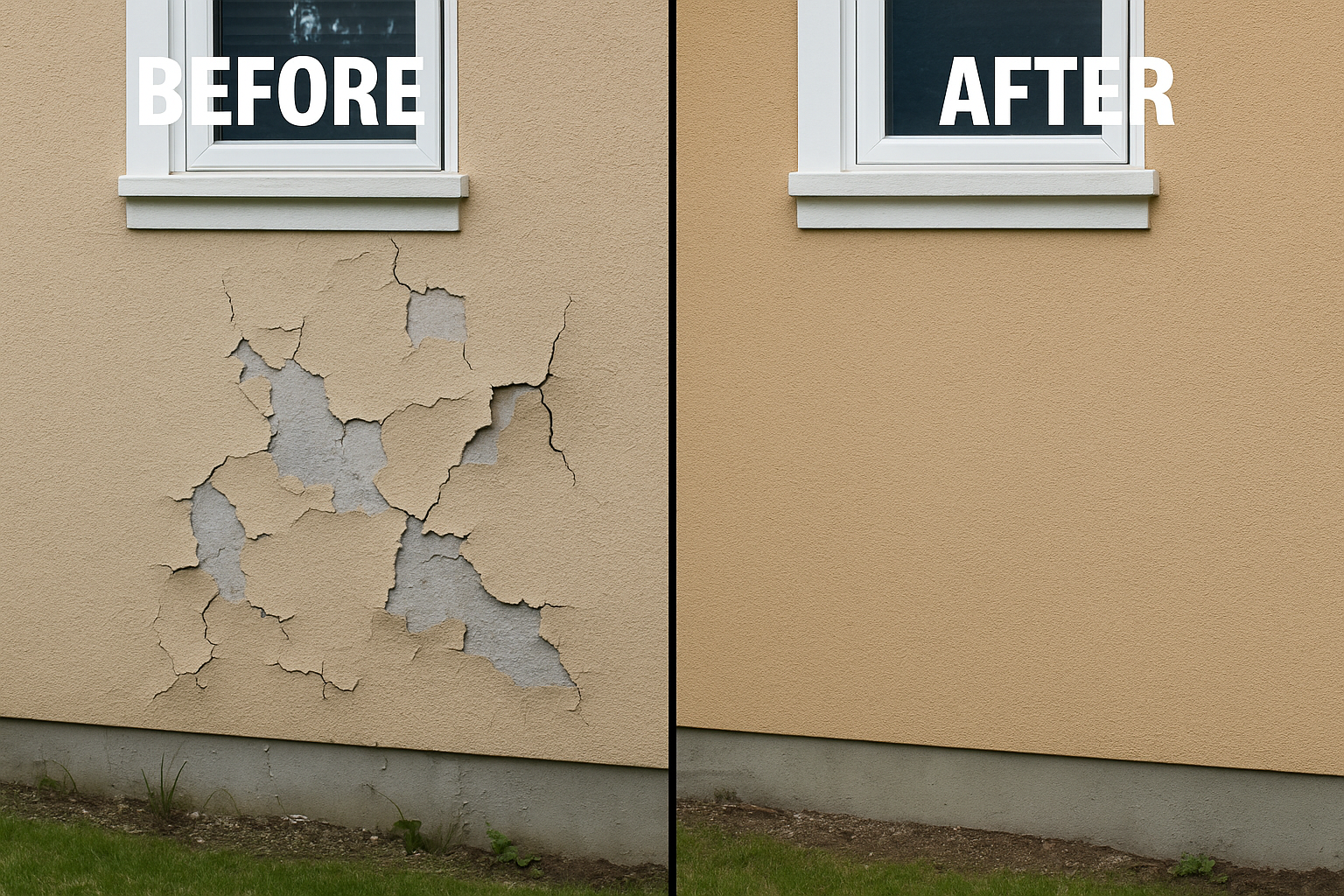 Side-by-side comparison of a beige exterior wall with a window. The left shows the wall with large cracks and peeling paint, while the right shows the wall repaired with smooth paint and no cracks.