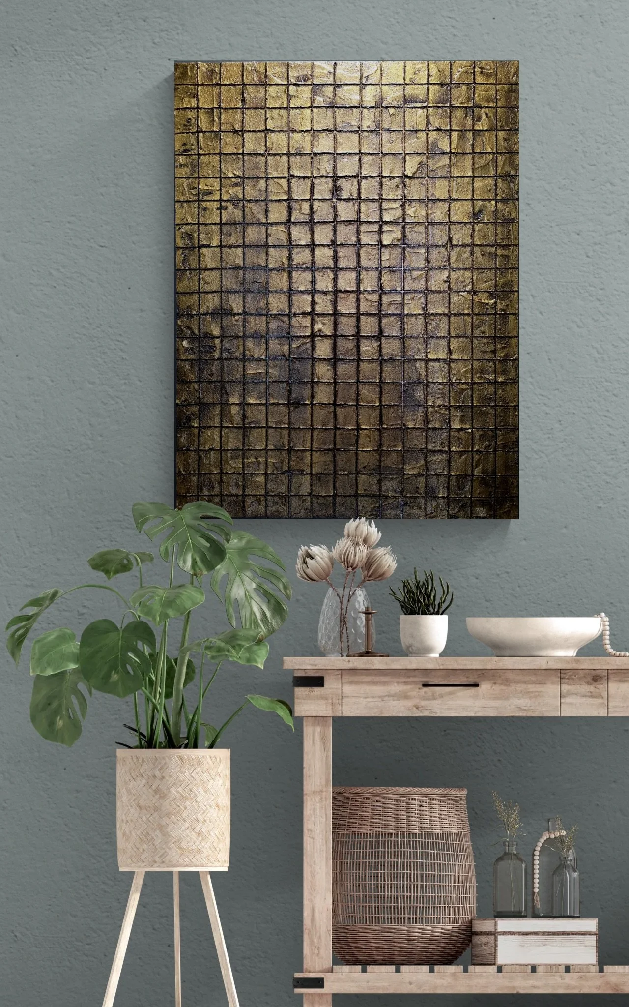 Obelisk VI : After hanging on a green hallway wall beside a console table with plants; bold industrial‑luxury artwork.