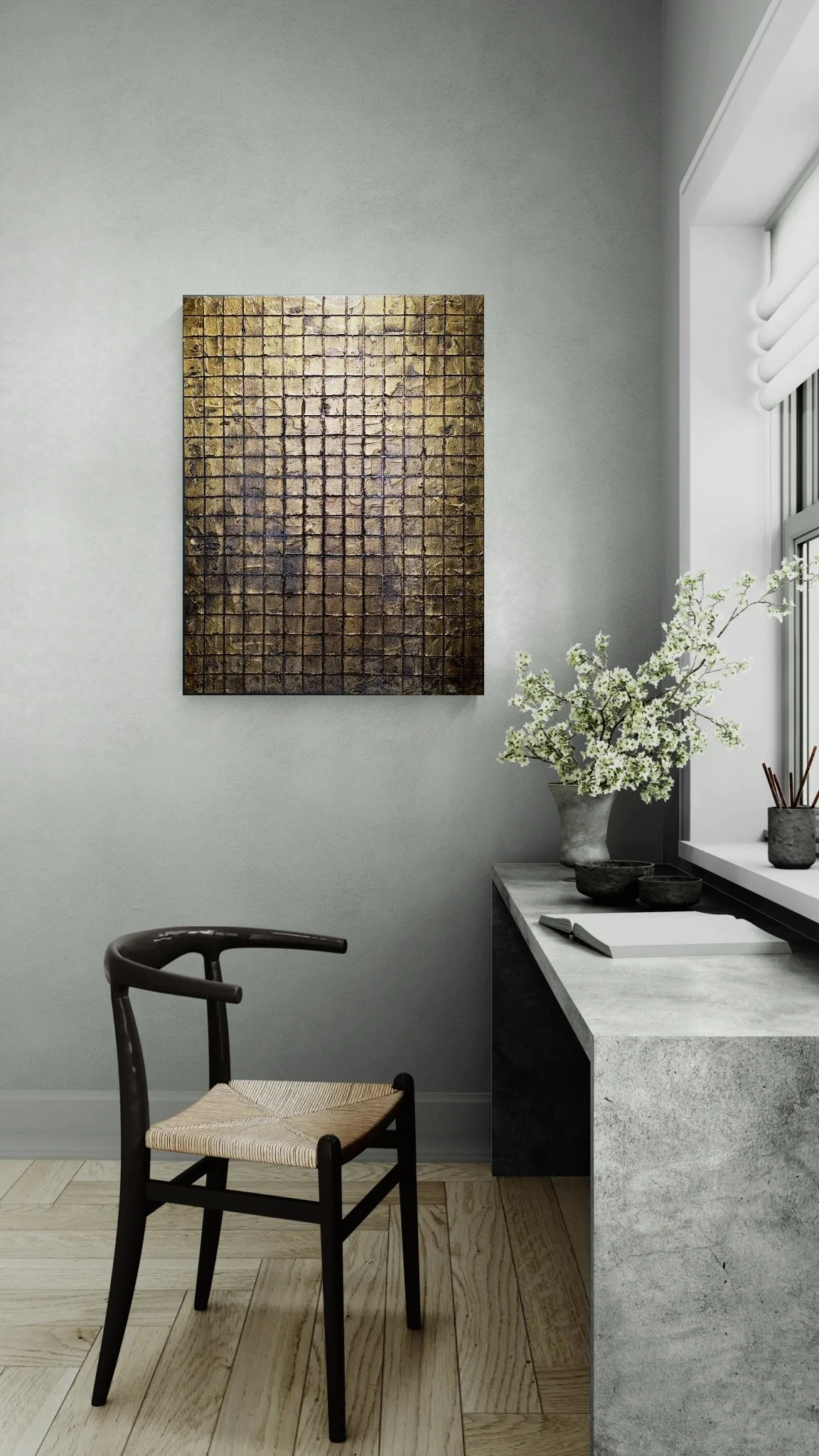 Obelisk VI : After displayed in an office setting; dark furnishings contrast with a light sage wall.