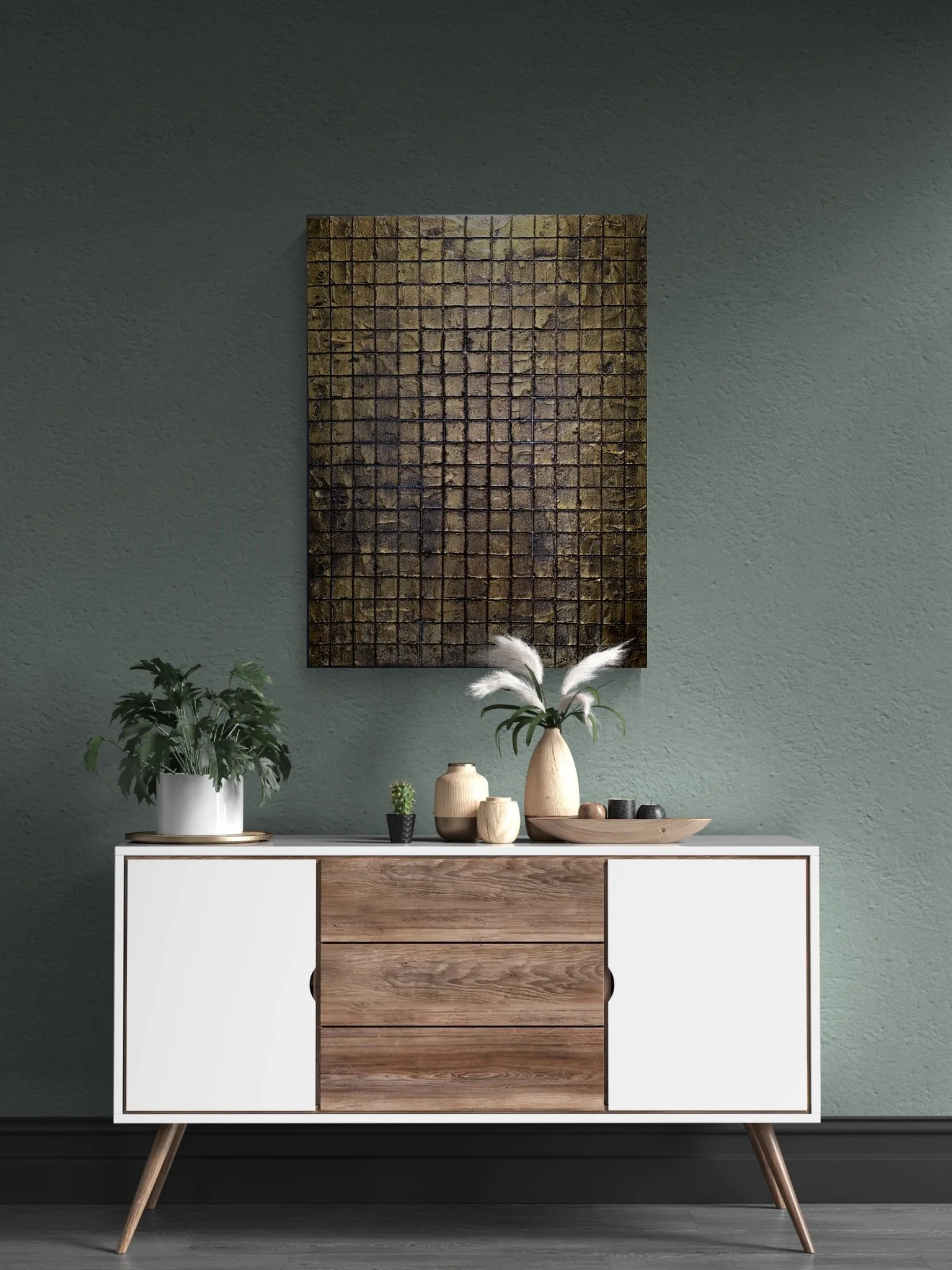 Obelisk VI : After on a modern study wall with a cabinet, plants and decorative ornaments; textured abstract art.