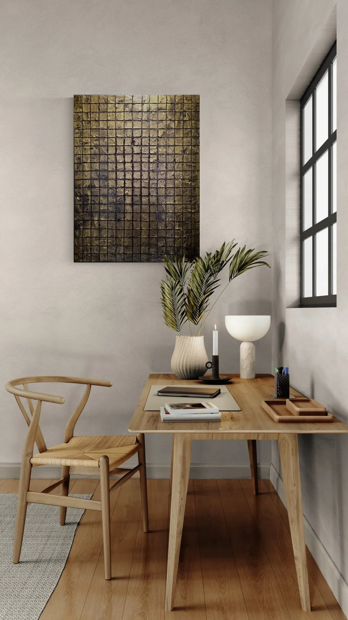 Obelisk VI : After hanging in a light‑neutral study room, framed by wooden furniture; abstract textured art.