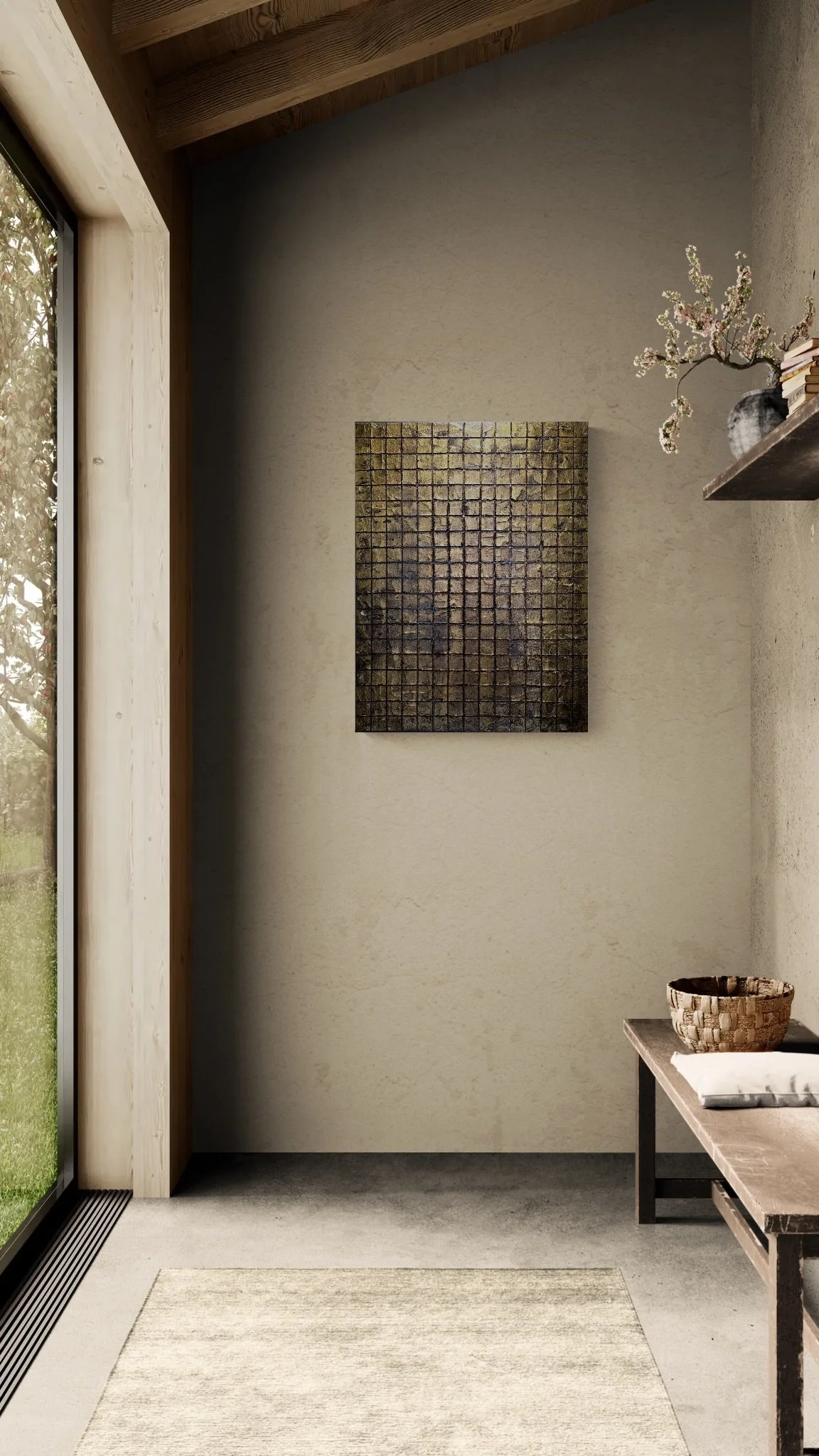 Softly lit corner with Obelisk VI : After on dark neutral walls; window reveals a garden backdrop.