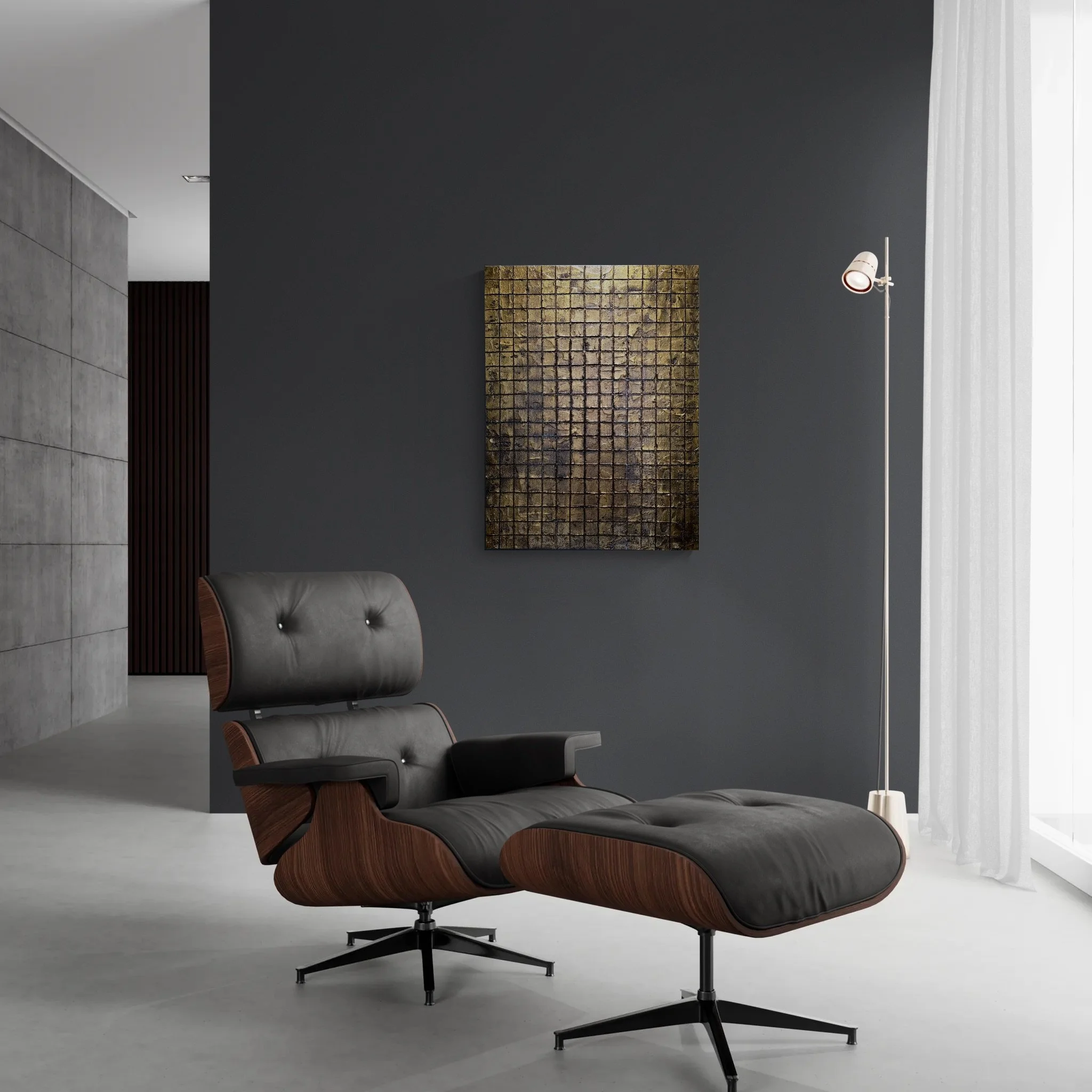 Obelisk VI : After on a dark wall above a chair and footrest with dark timber upholstery; suitable for corporate environments.