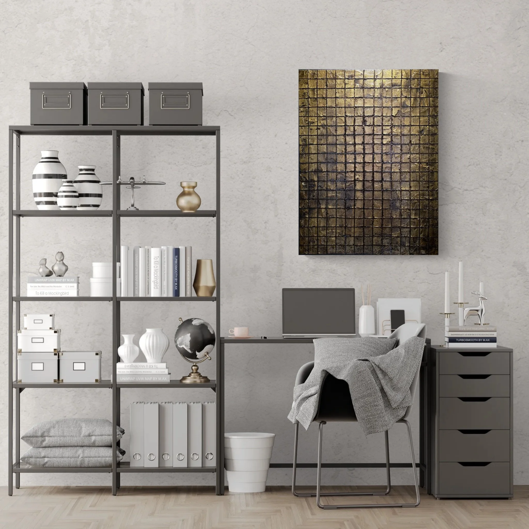 Obelisk VI : After displayed in a home office above a desk and shelving; industrial‑style abstract focal point.