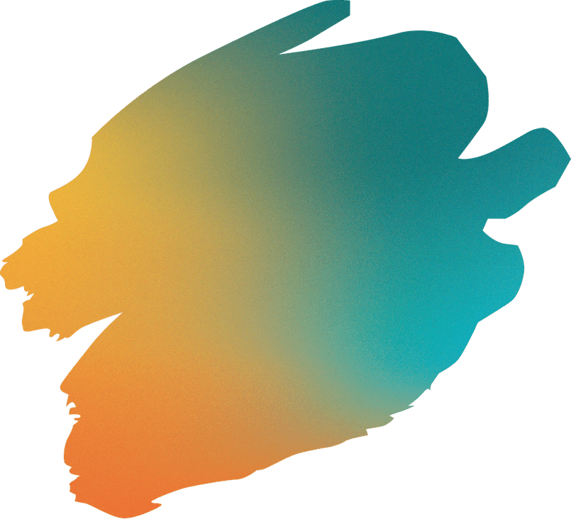 A graphic of a paint stroke or mark filled in a colour gradient from orange, yellow, blue to aqua.
