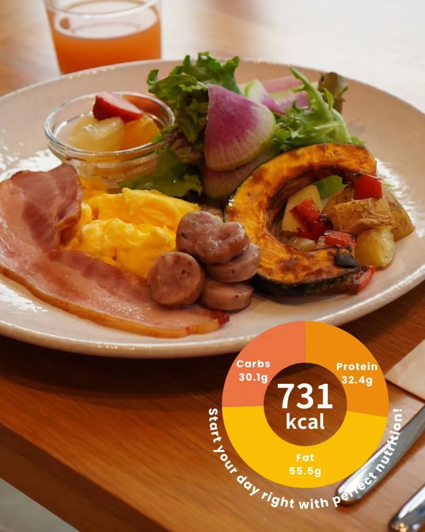 BRENZA HOTELの朝食は、見た目も食べ応えも満足感のあるビッグプレートで提供しています。
充実した1日をはじめるための栄養バランスもバッチリです。

食事に気を使っている方も、その日の体調にあわせて3種類からお好みのプレートをお選びください。

①ベーコン＆ソーセージ🥓
しっかりと食べ応えのある、ジューシーな肉厚コンビ！
1日歩き回るパワフルな旅にもおすすめです。

◇タンパク質：32.4g
◇脂質：55.5g
◇炭水化物：30.1ｇ

②鶏ハム🐓
しっとりした鶏ハムはホテルのキッチ