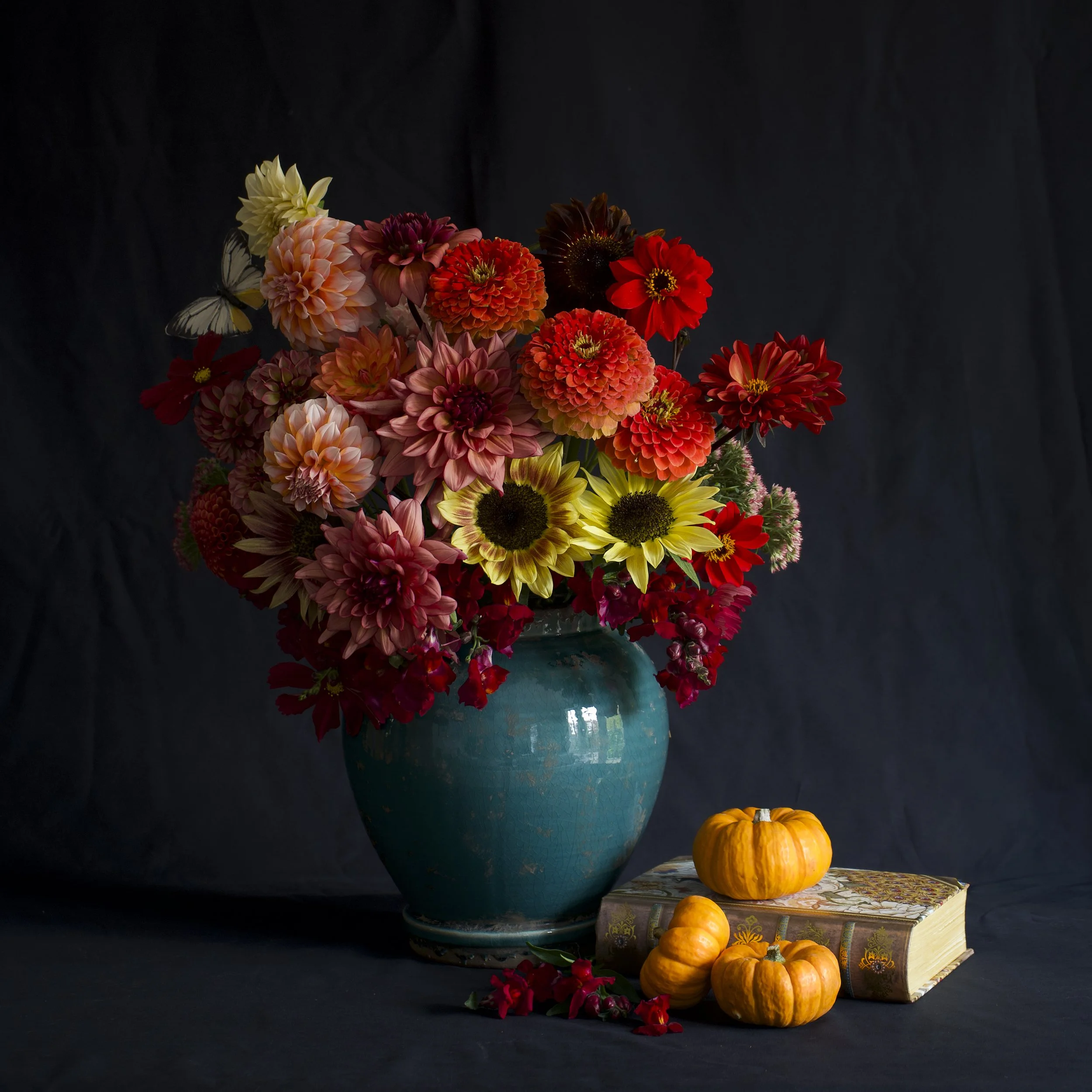 A large bouquet of colorful flowers including sunflowers, zinnias and dahlias arranged as a still life  in a teal vase, alongside three small pumpkins on a book, set against a dark background.