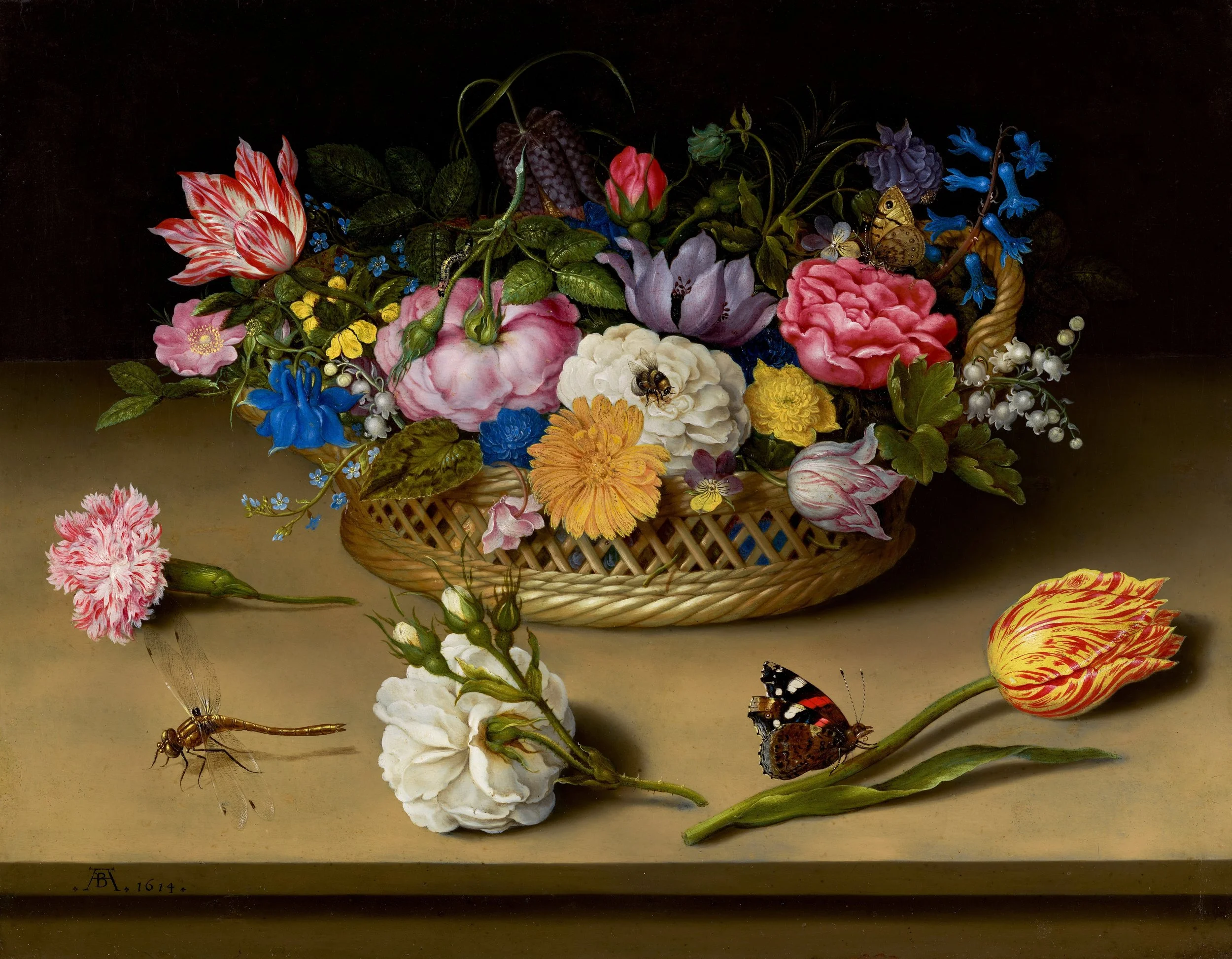 A detailed still life painting of a basket of colorful flowers, including roses, tulips, and other blooms, with insects such as bees and butterflies around them, on a plain surface with a dark background.