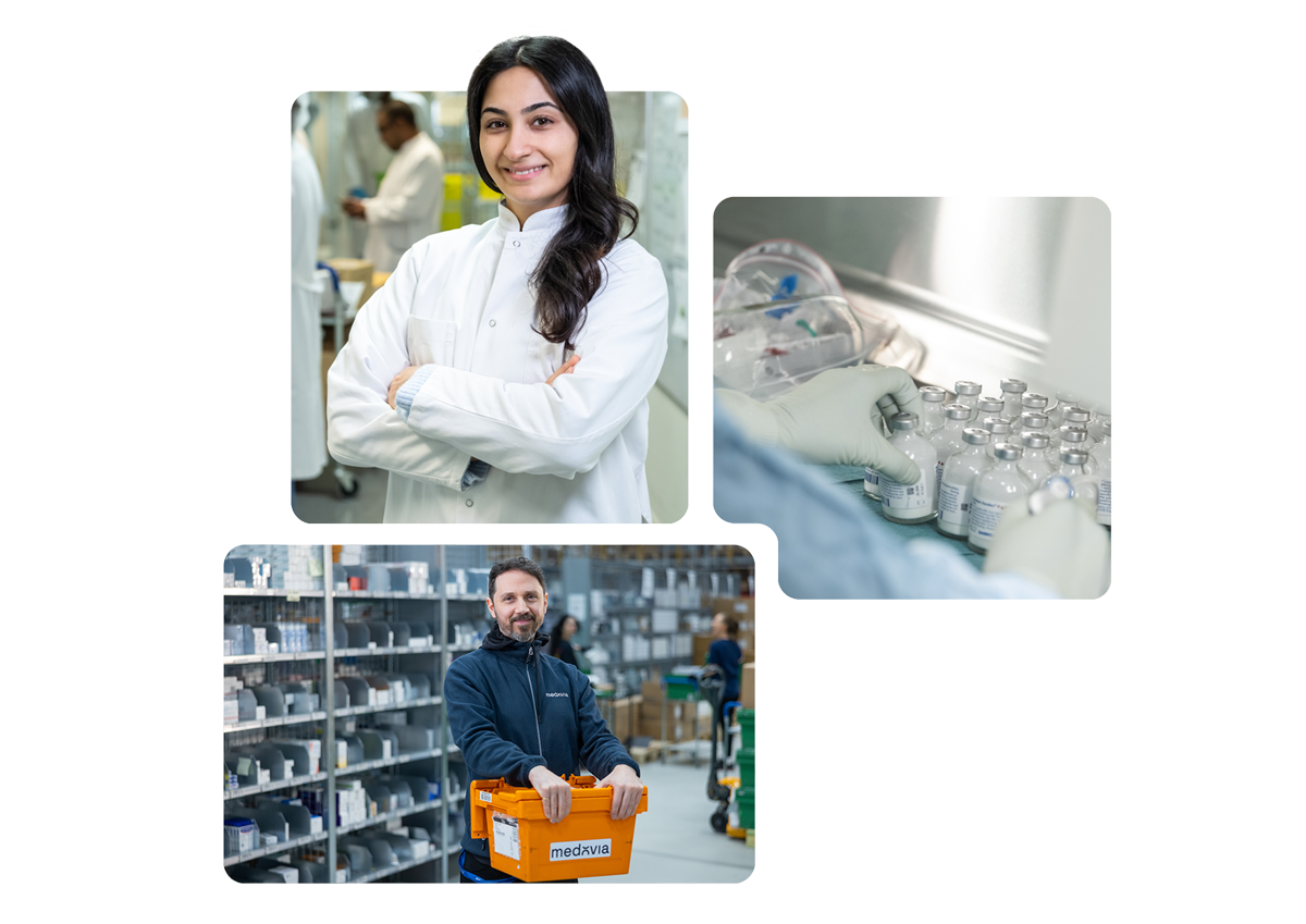 Bildkollage med en kvinnlig farmaceut på Medovia, en manlig driftsassistent med en orange plastback från Medovia och läkemedelstillverkning på Medovia.