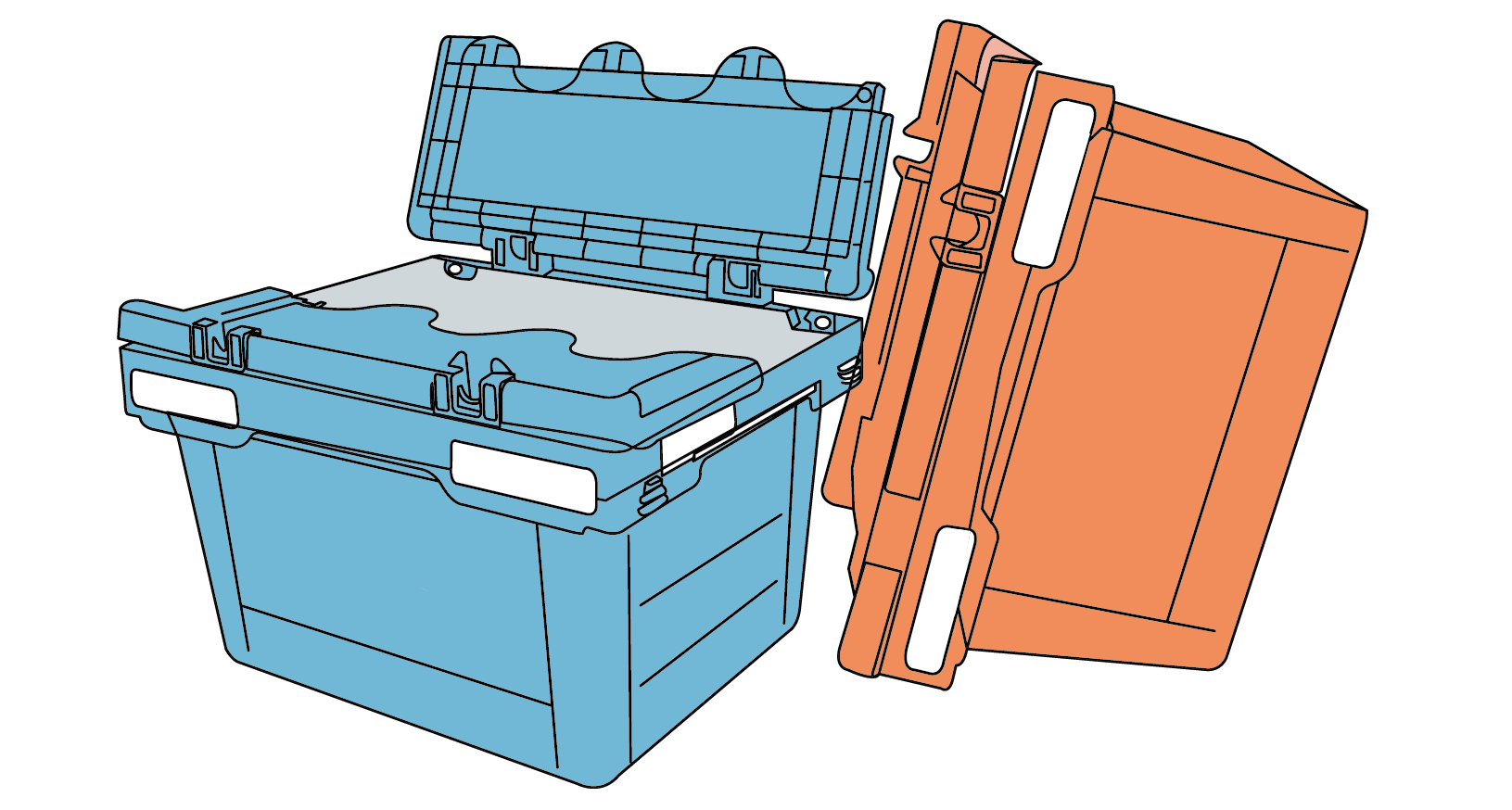 Illustration av Medovias plastbackar som används vid läkemedelsleveraser.