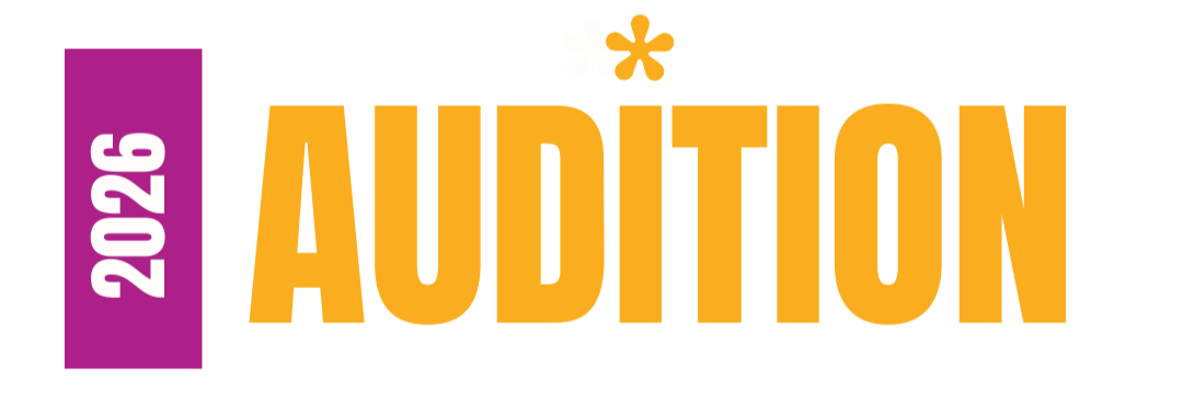Logo en français pour une offre d'emploi ou audition avec l'année 2026, utilisant des couleurs violette, orange, blanc et noir.