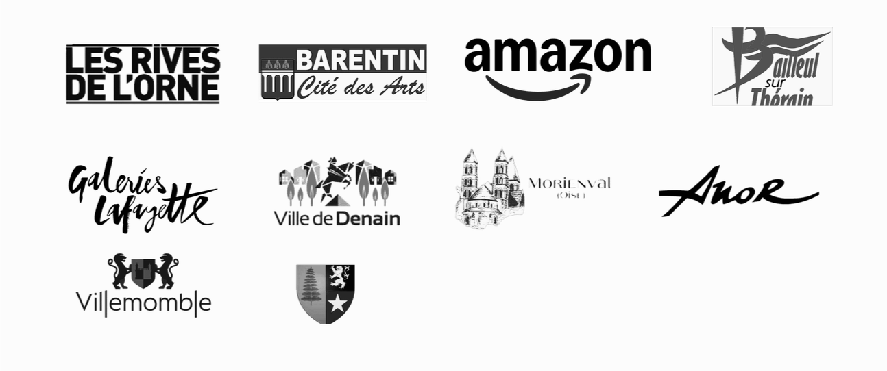 Une collection de logos représentant différentes villes et organisations françaises, incluant Les Rives de Lorne, Barentin, Amazon, Balleuil sur Thérain, Galeries Lafayette, Ville de Denain, Morieval .Toutes ces villes ont acceuillis Webelieve music