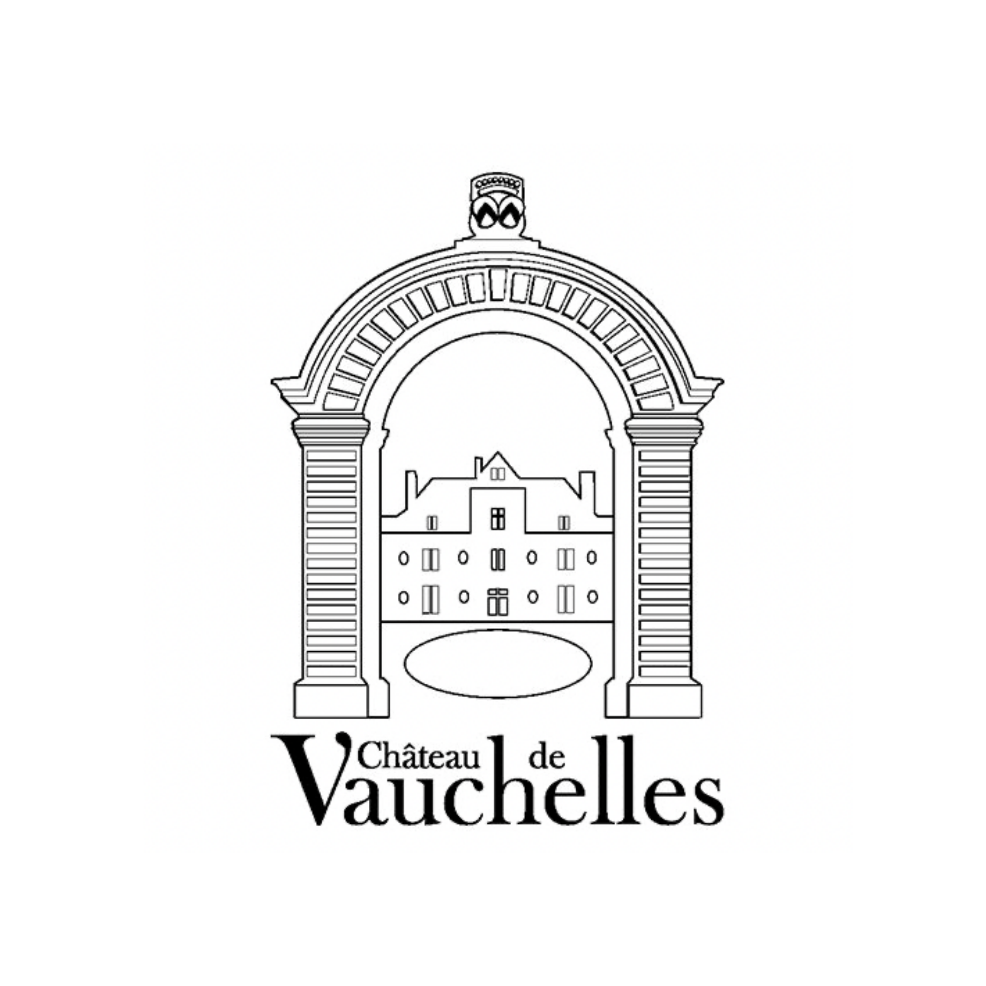 Une illustration en noir et blanc représentant une arche d'entrée, avec un bâtiment situé en dessous de l'arche, et le texte 'Château de Valiches' en dessous.