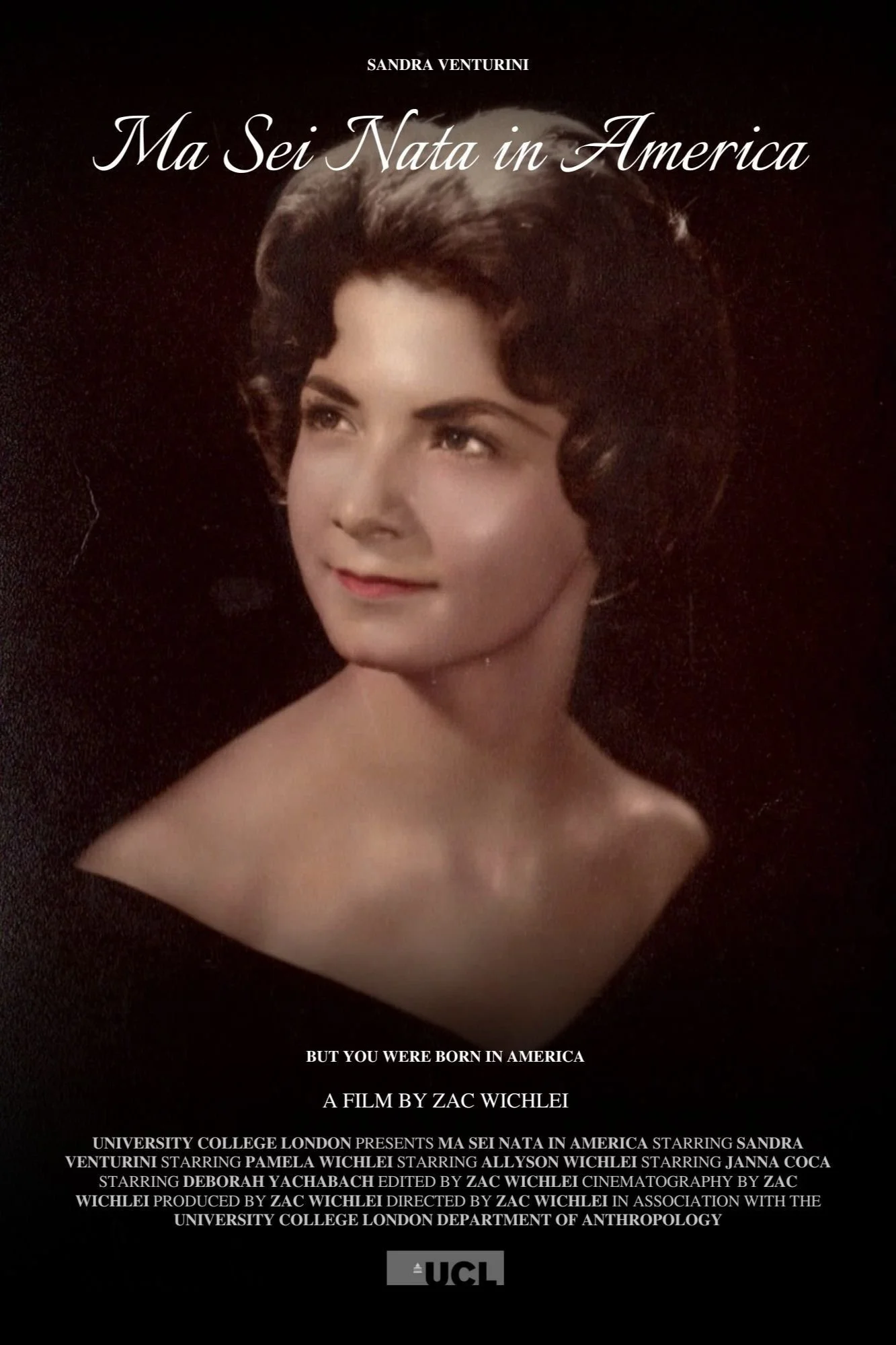 A poster image for the documentary short film "Ma Sei Nata in America" by Zac Wichlei.