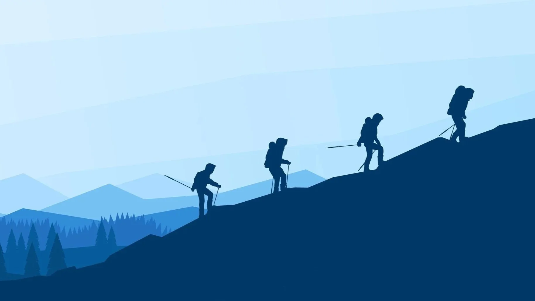 Silhouettes of five hikers climbing a mountain with a forested landscape and distant mountains in the background.
