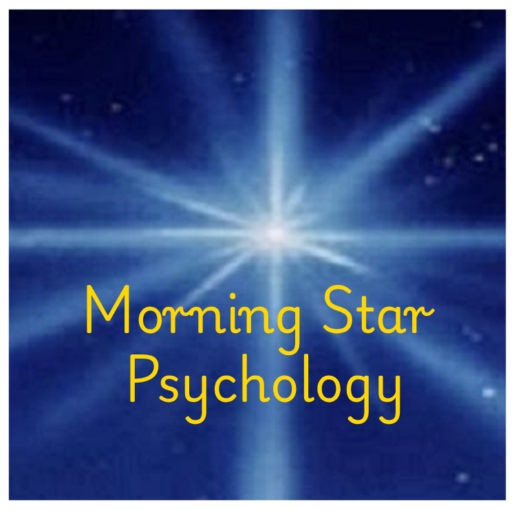 A bright star shining in a dark blue night sky with the text 'Morning Star Psychology' in yellow font.