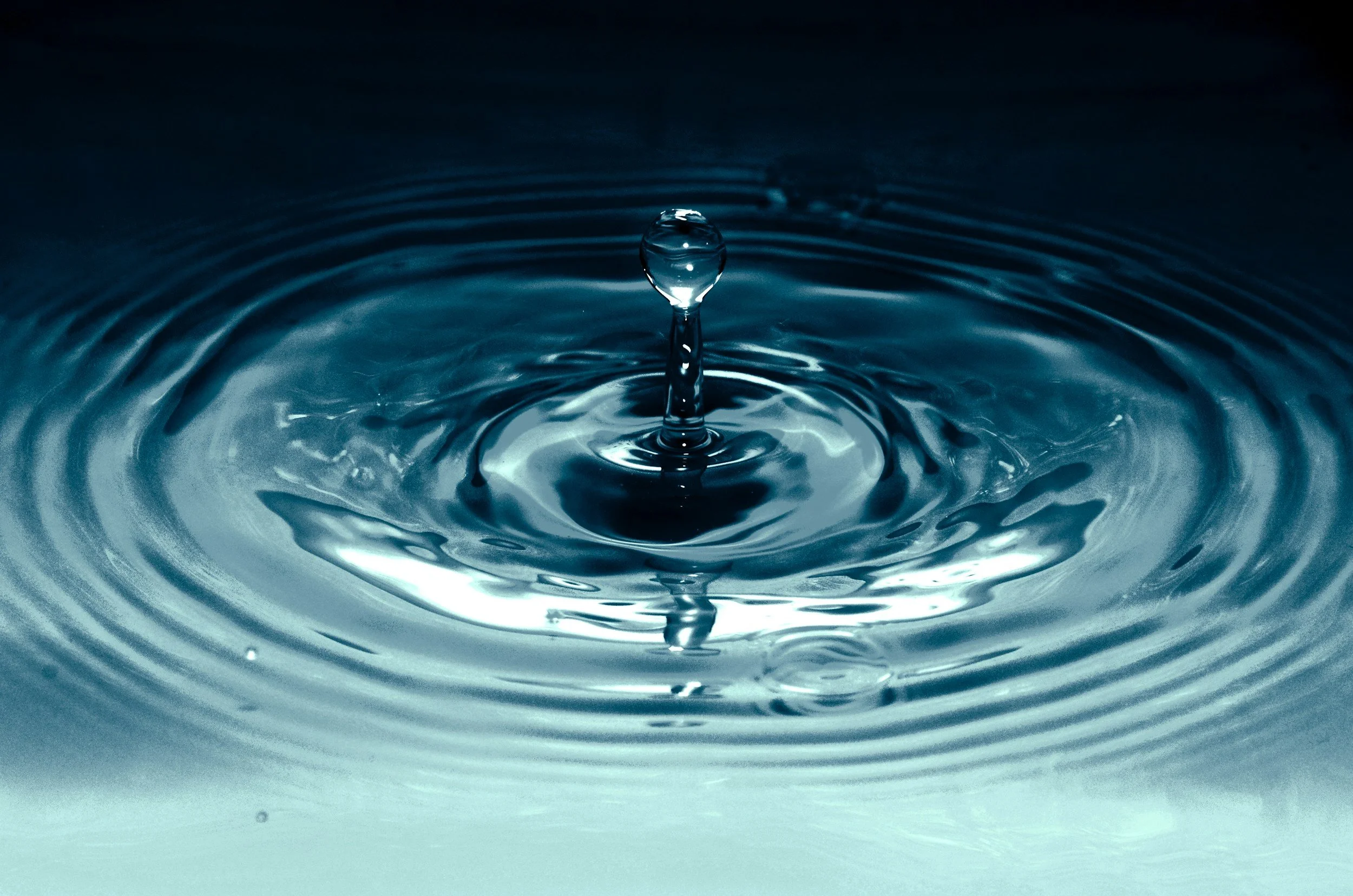 Close-up of a water droplet creating ripples on the surface of a dark water pool.