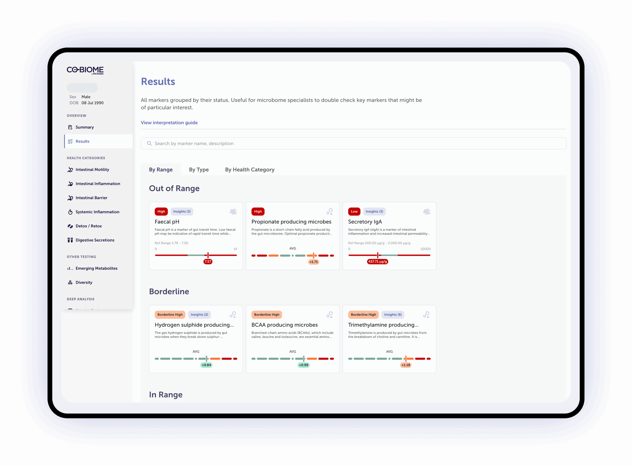Tablet screen displaying microbiome analysis results with various health markers categorized as out of range, borderline, and within range, on a purple background.