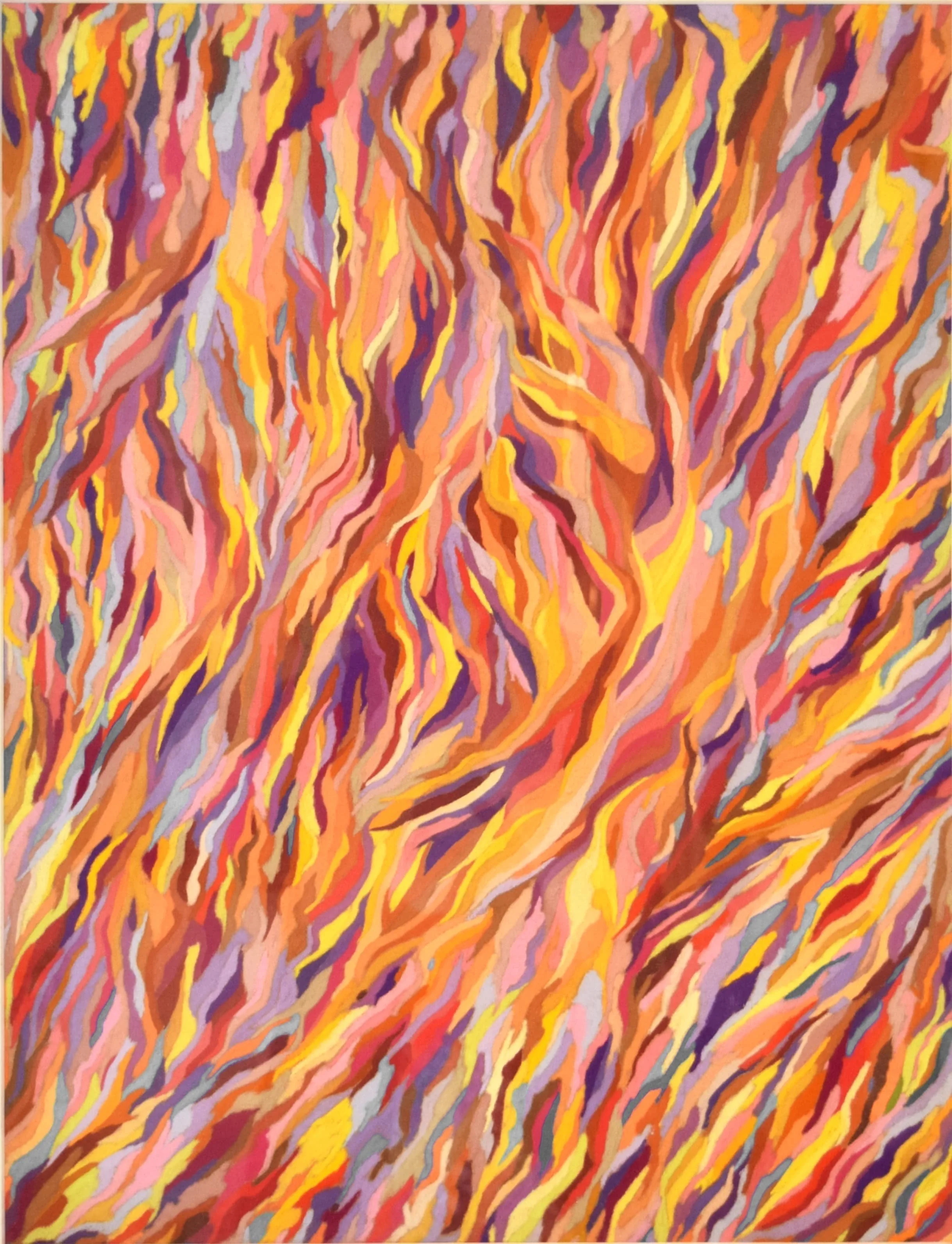 Vue complète d’un dessin abstrait au pastel sec, inspiré du mythe d’Orphée, avec détails des motifs de flamme