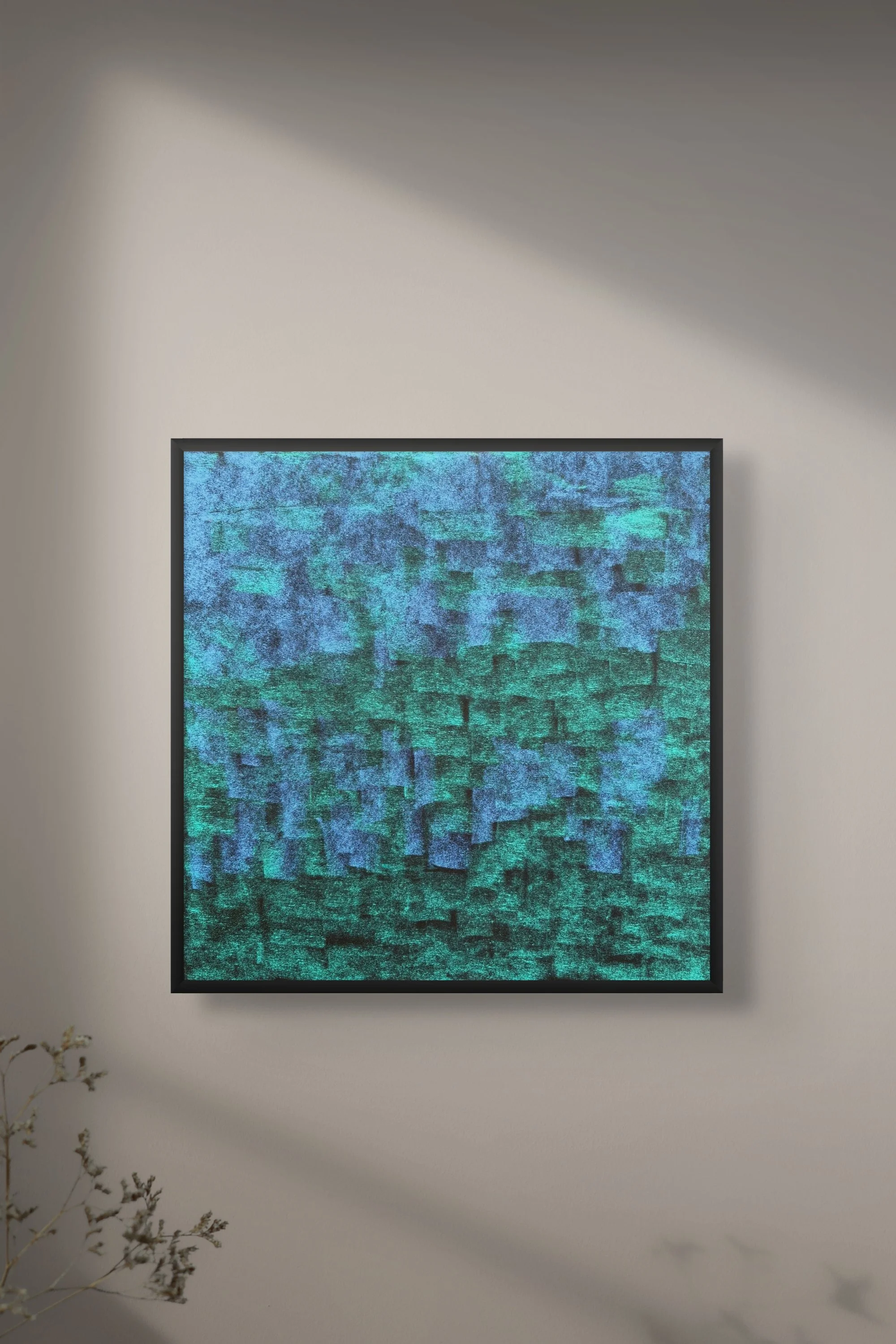 Dessin abstrait contemporain, art mural bleu projet architecture intérieur, création unique de l’artiste Atelier Cléophée