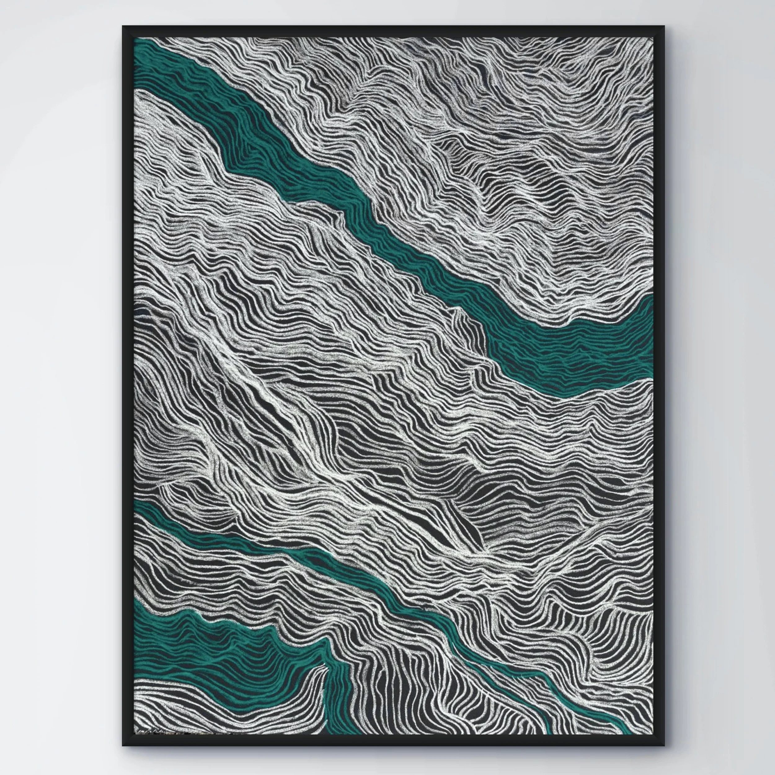 Tableau abstrait contemporain vert émeraude et argent dans un salon parisien élégant, décoration murale design.