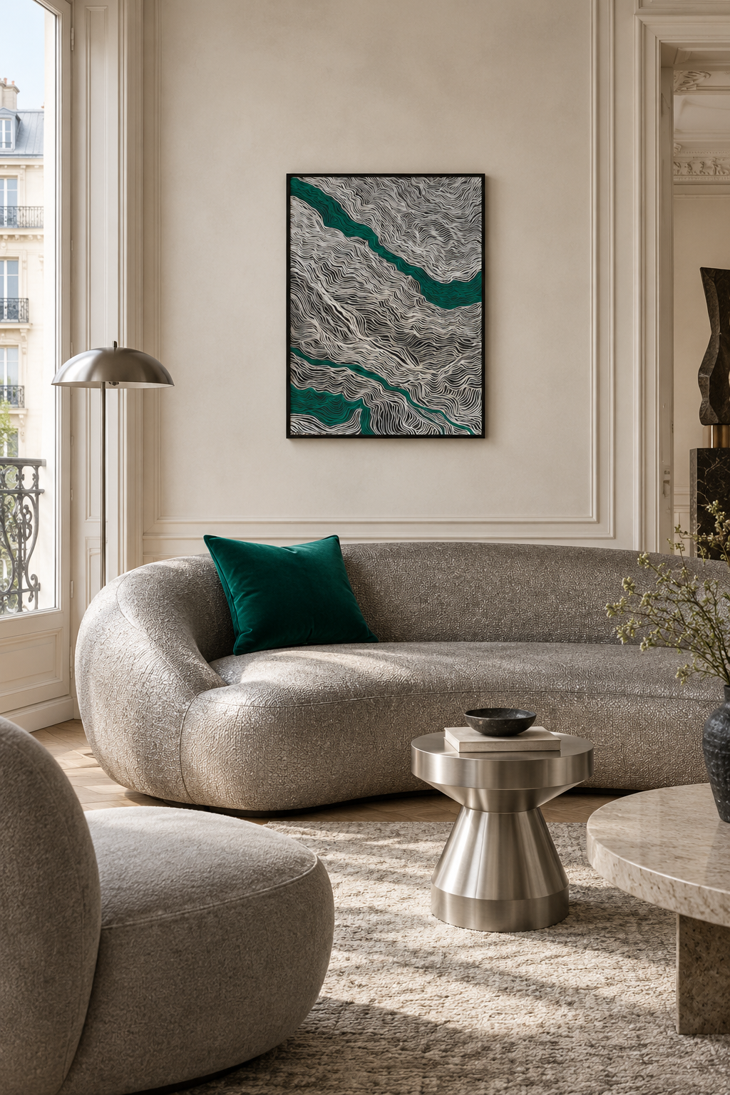Filigrane XX, tableau abstrait contemporain aux lignes entrelacées, présenté dans un intérieur élégant pour une décoration murale design.