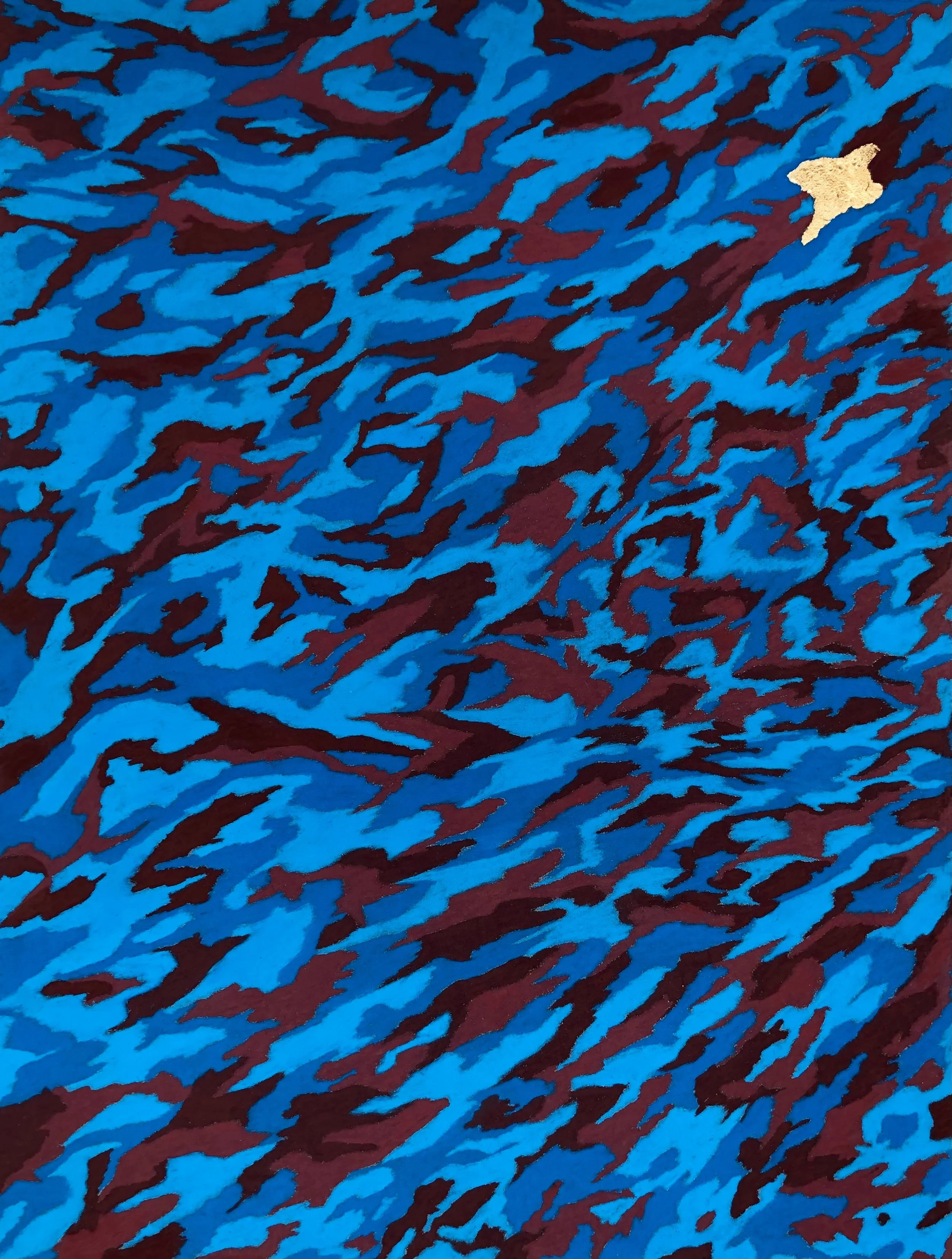 Vue complète d’un dessin abstrait au pastel sec, inspiré des tempêtes d'étoiles filantes, avec détails des motifs en zigzag