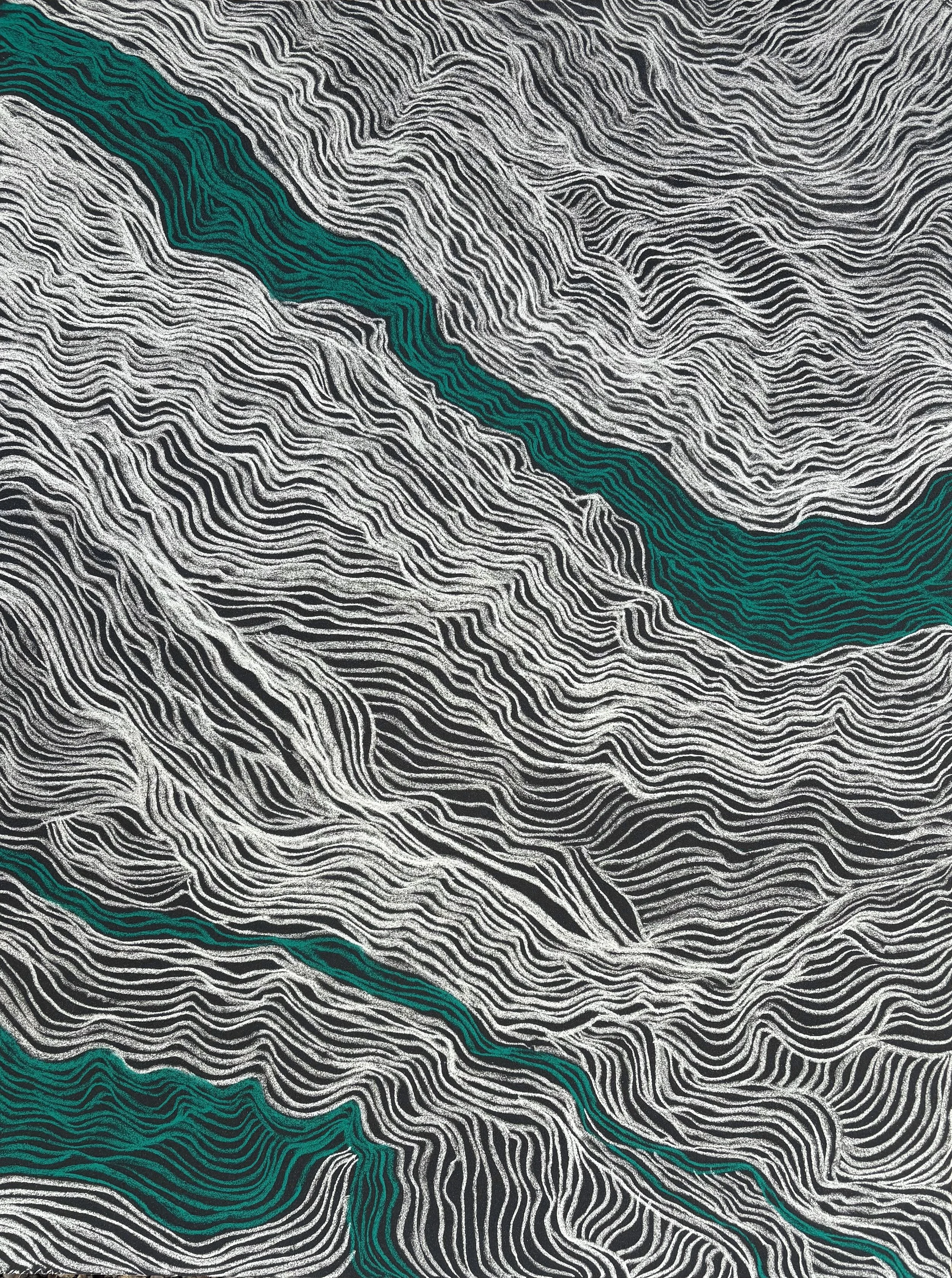 Détail de Filigrane XX, œuvre d’art abstrait contemporain aux lignes fluides et entrelacées, révélant la finesse du dessin et le travail des motifs.