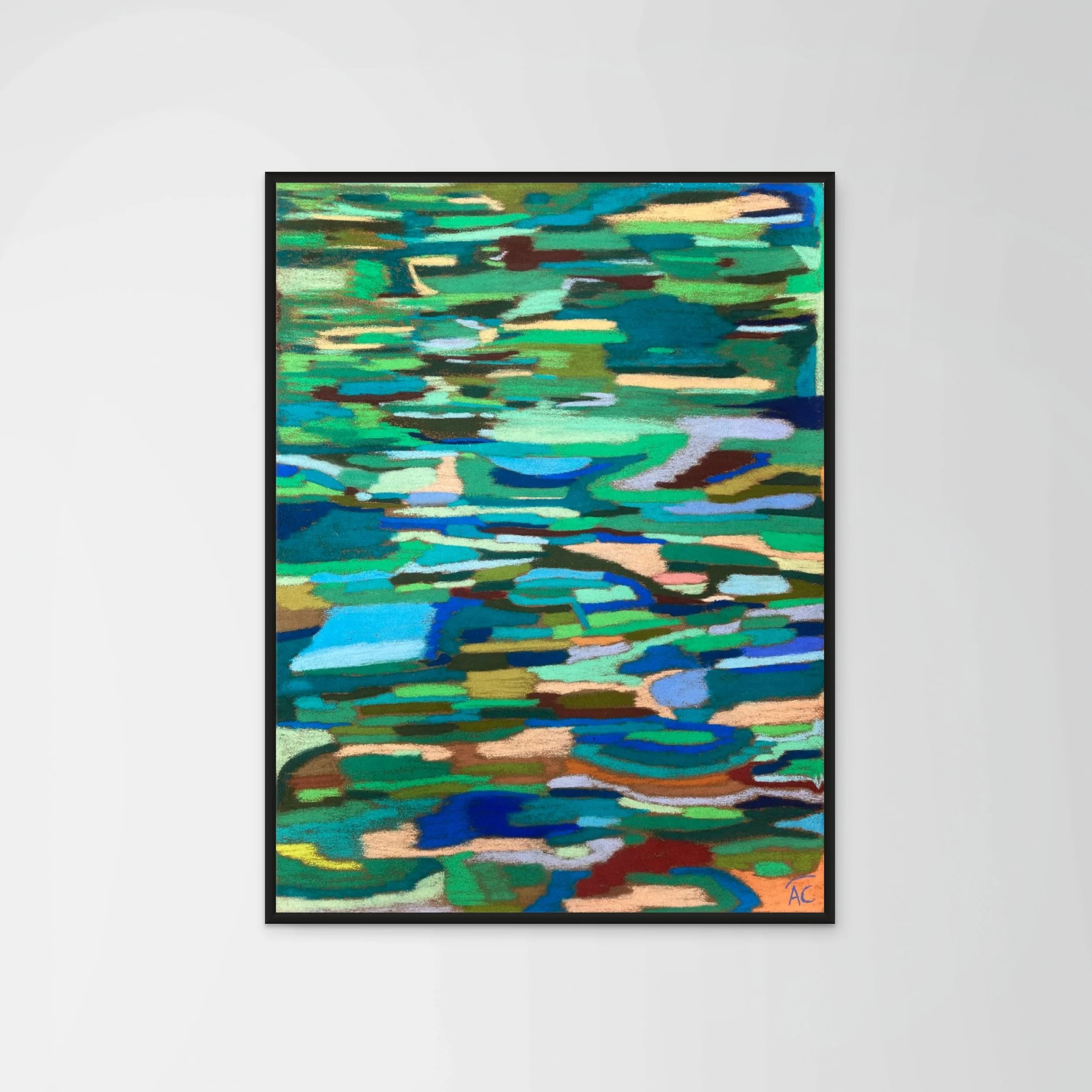 Tableau abstrait bleu au pastel sec intitulé « Aqua », œuvre originale de l’artiste française Atelier Cléophée