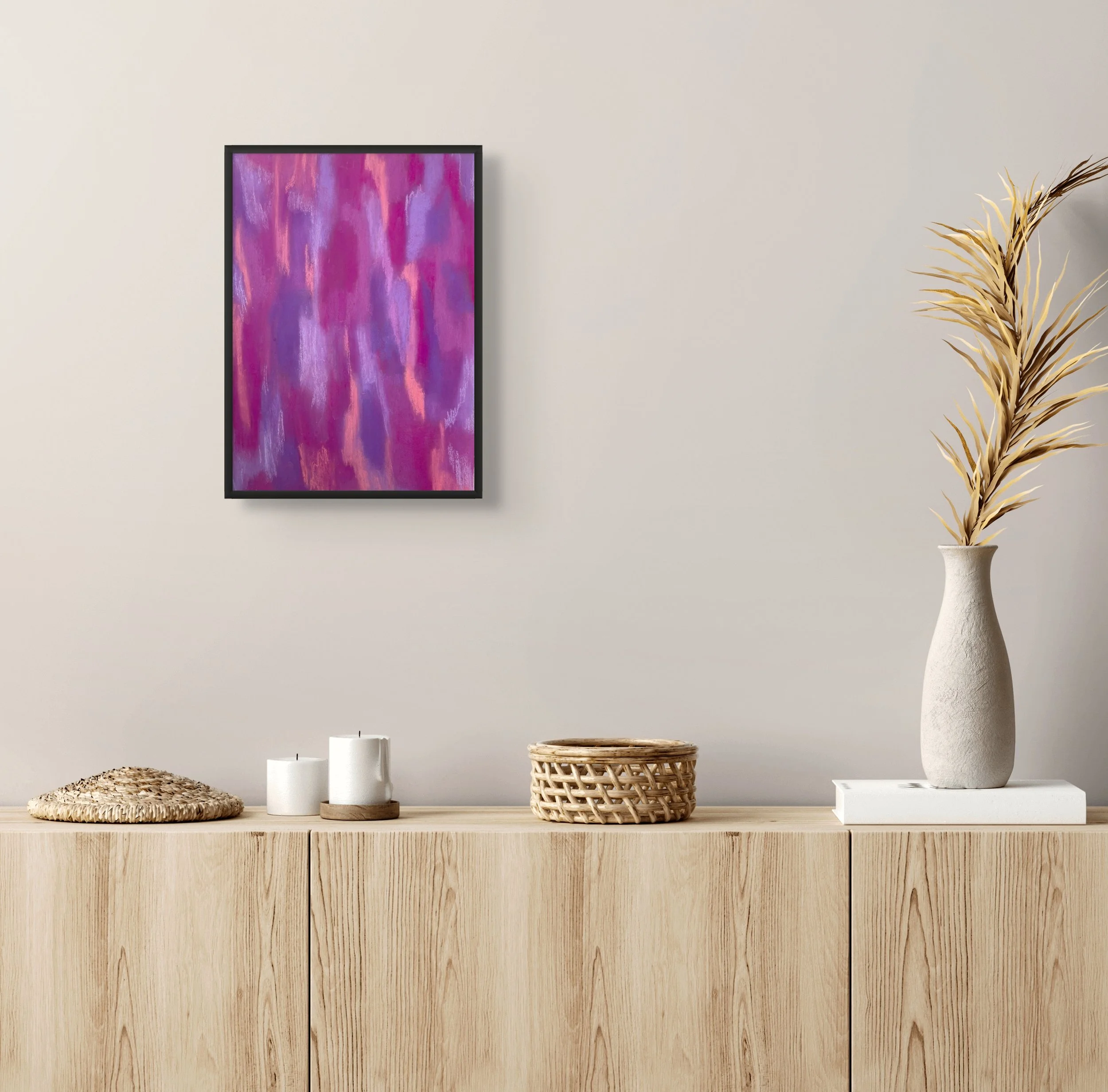 Œuvre contemporaine : tableau abstrait décoratif violet représentant des chrysanthèmes, création originale de l’artiste française Atelier Cléophée, idéal pour une décoration intérieure élégante