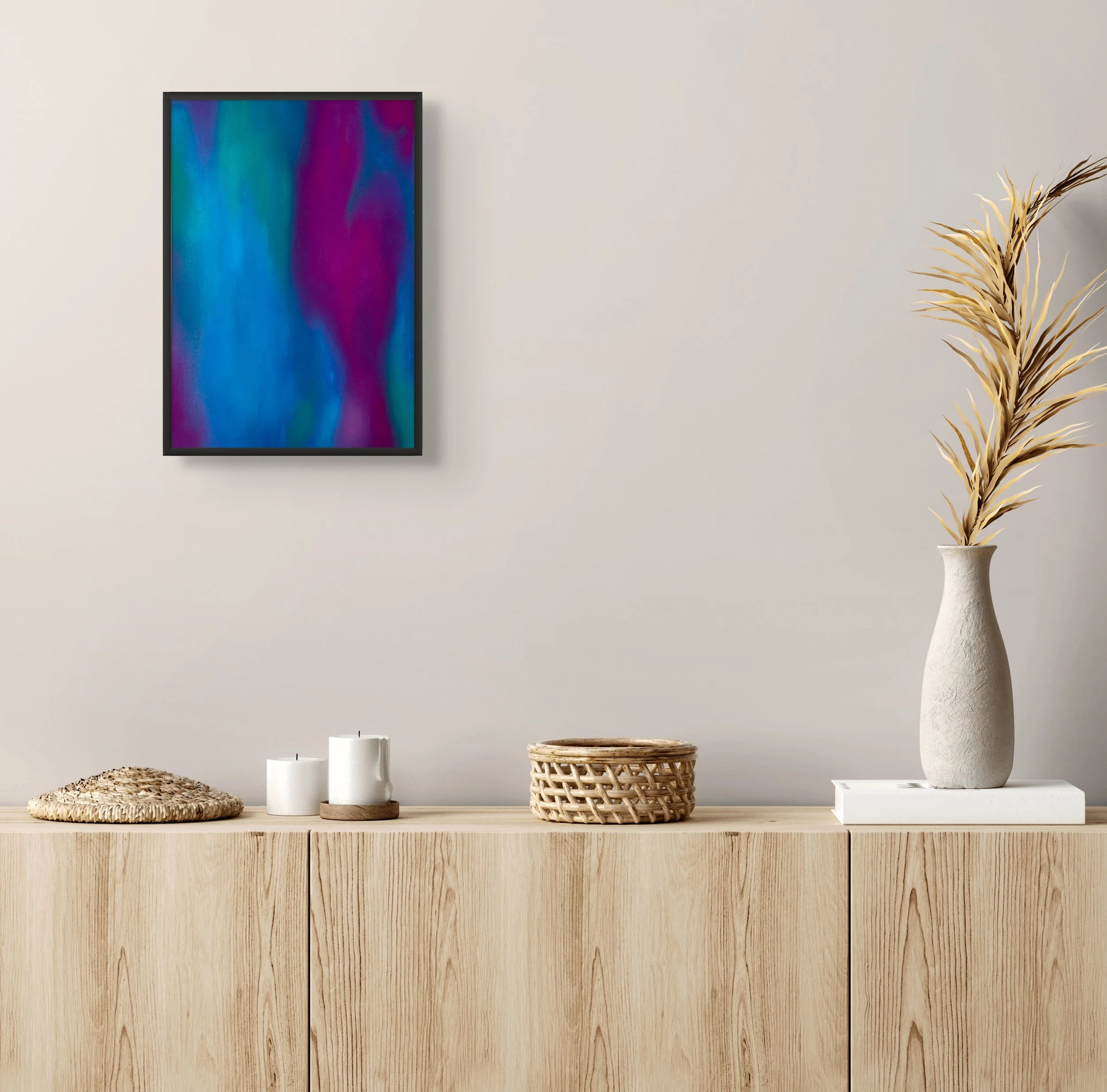 Œuvre contemporaine : tableau abstrait décoratif violet représentant des chrysanthèmes, création originale de l’artiste française Atelier Cléophée, idéal pour une décoration intérieure élégante