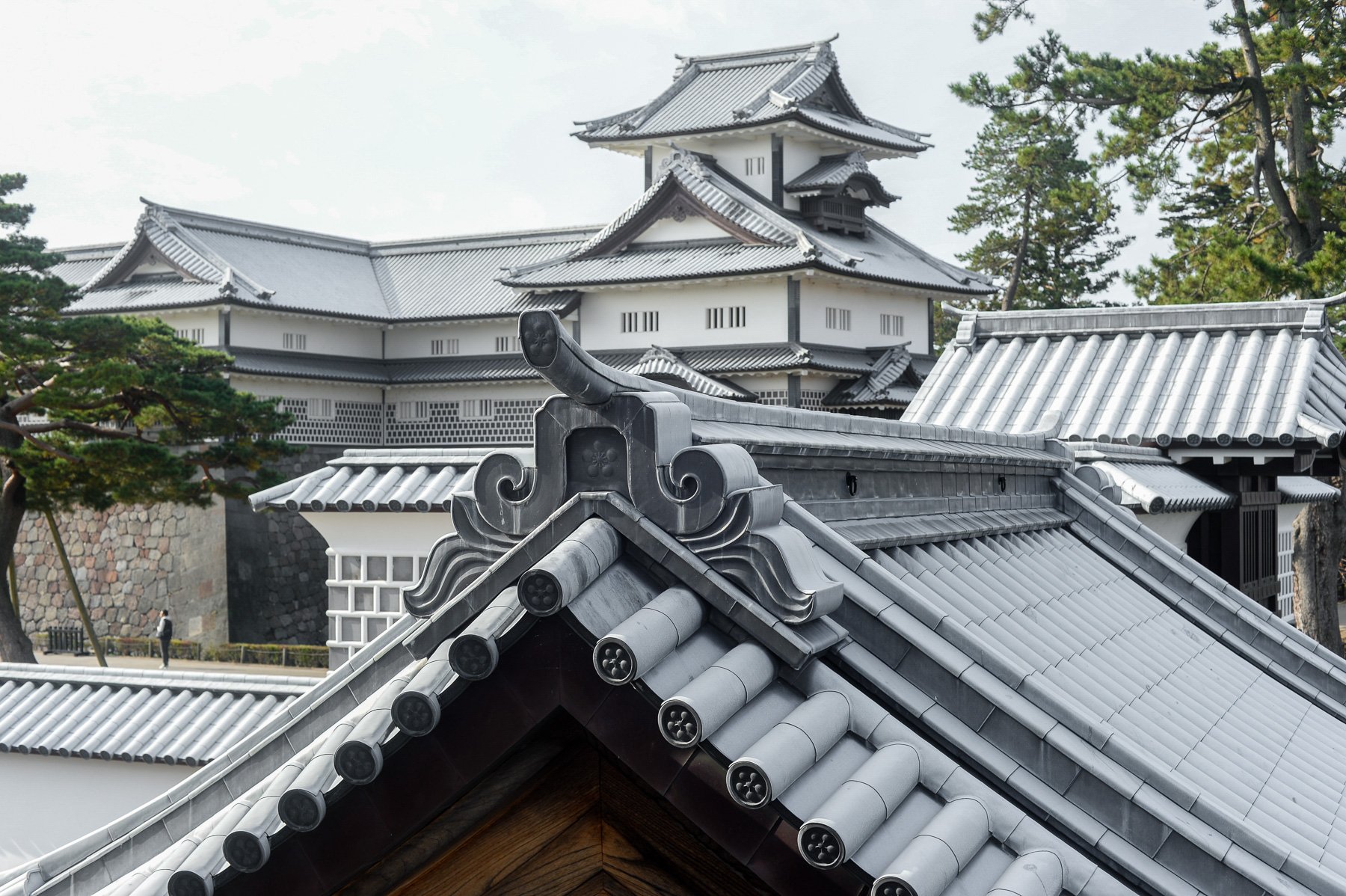 Traditional Japanese tiled rooftops of Kanazawa Castle in Ishikawa, Japan