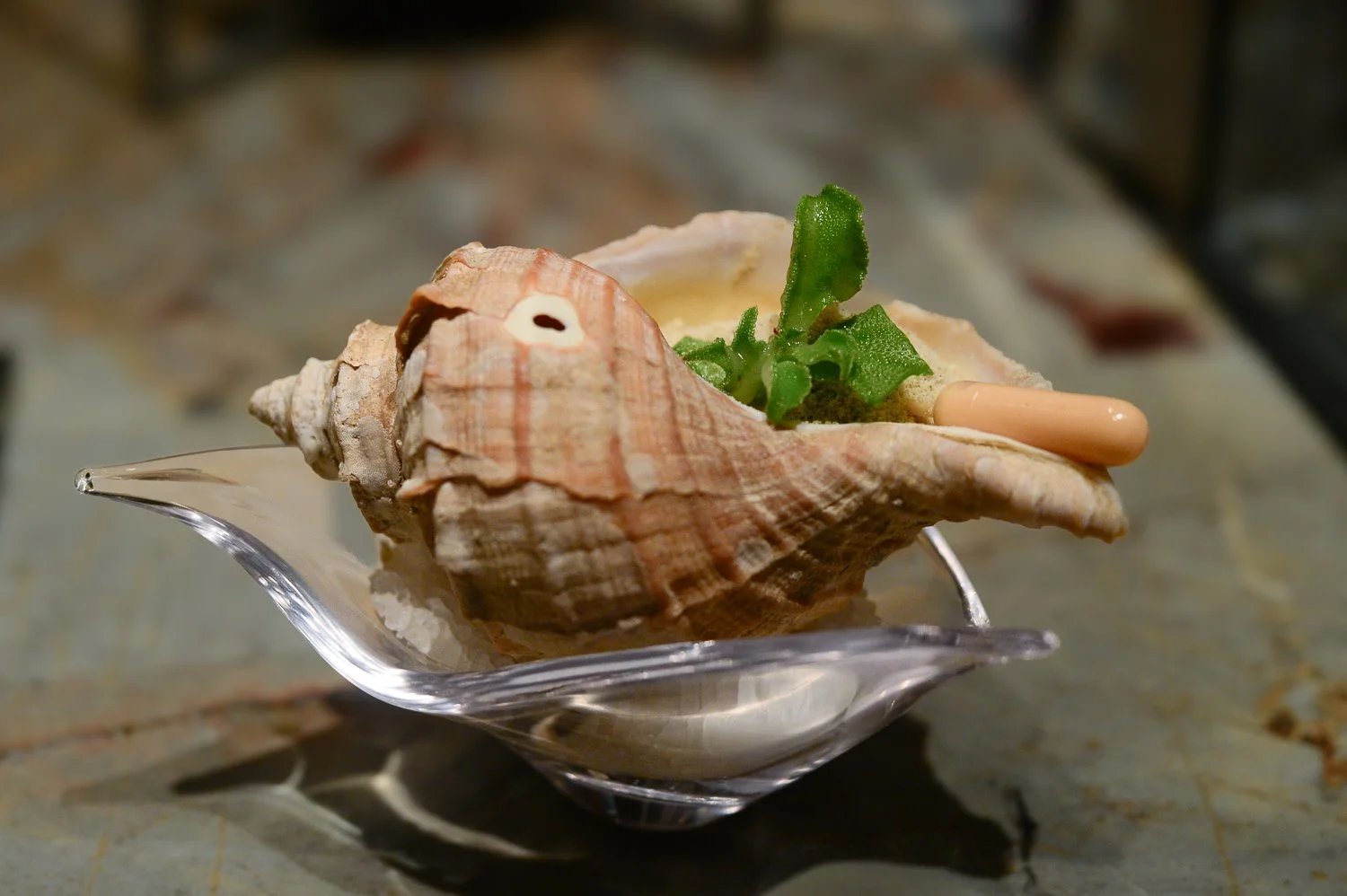  Prawn Cocktail Prawns and avocado in brandy, with deep-fried seaweed and buried in breadcrumbs, Thousand Island dressing and topped with an Iceplant leaf 