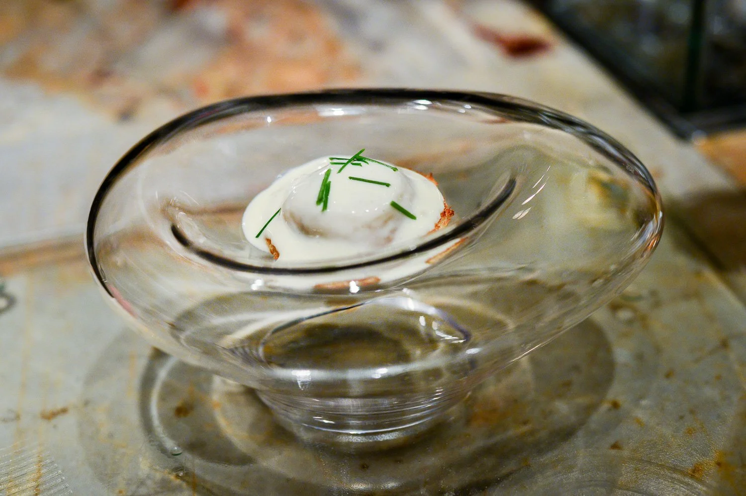  Benedict Poached fig + raisin brioche covered with egg-less foam hollandaise (made out of potato starch, chive and wine reduction) 