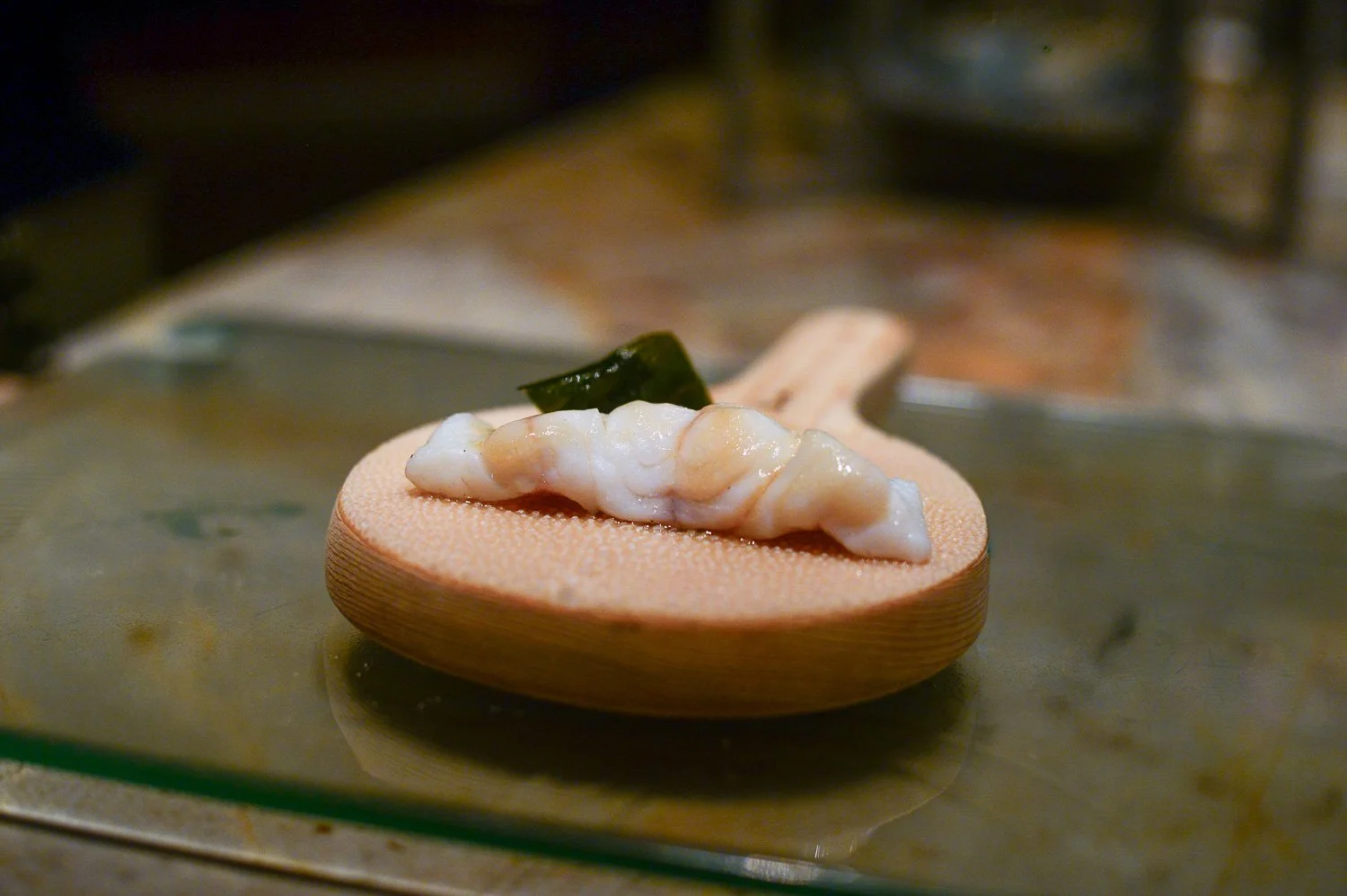 Prawn Cocktail Prawns and avocado in brandy, with deep-fried seaweed and buried in breadcrumbs, Thousand Island dressing and topped with an Iceplant leaf 