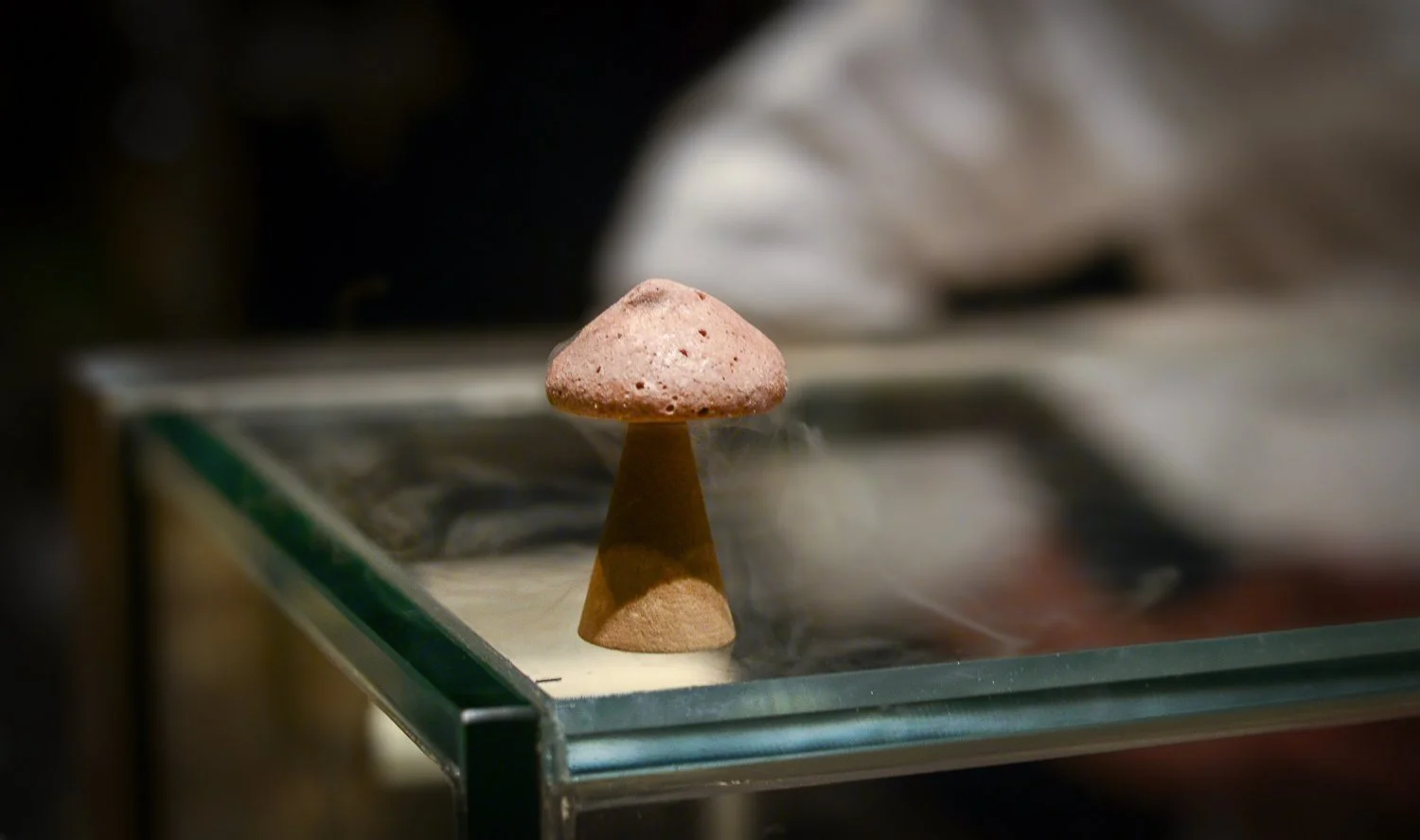  Mint and chocolate meringue in liquid nitrogen, not much of a dessert but great theatre. The idea is that you eat it all in one bite and exhale the nitrogen smoke through your nose, which is kind of funny and cute for children. 