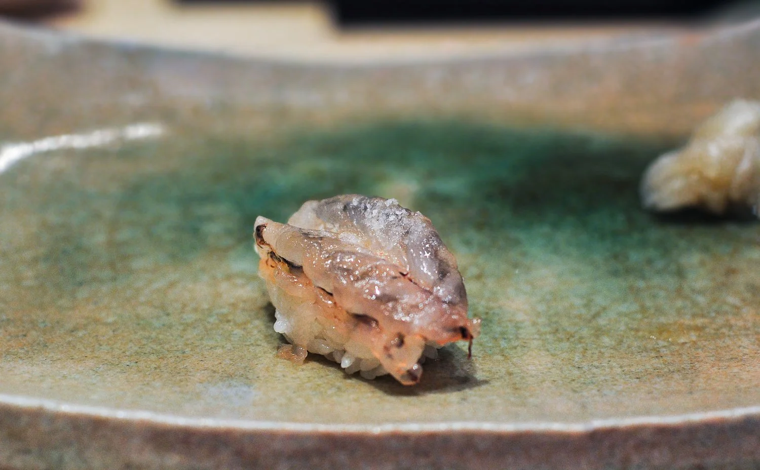 Live Kurumaebi (sweet shrimp) sprinkled with sea salt