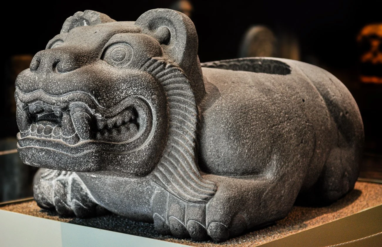 The Ocelotl Cuauhxicalli — this jaguar-shaped ceremonial vessel, carved from andesite, once held the hearts and blood of sacrificial victims.