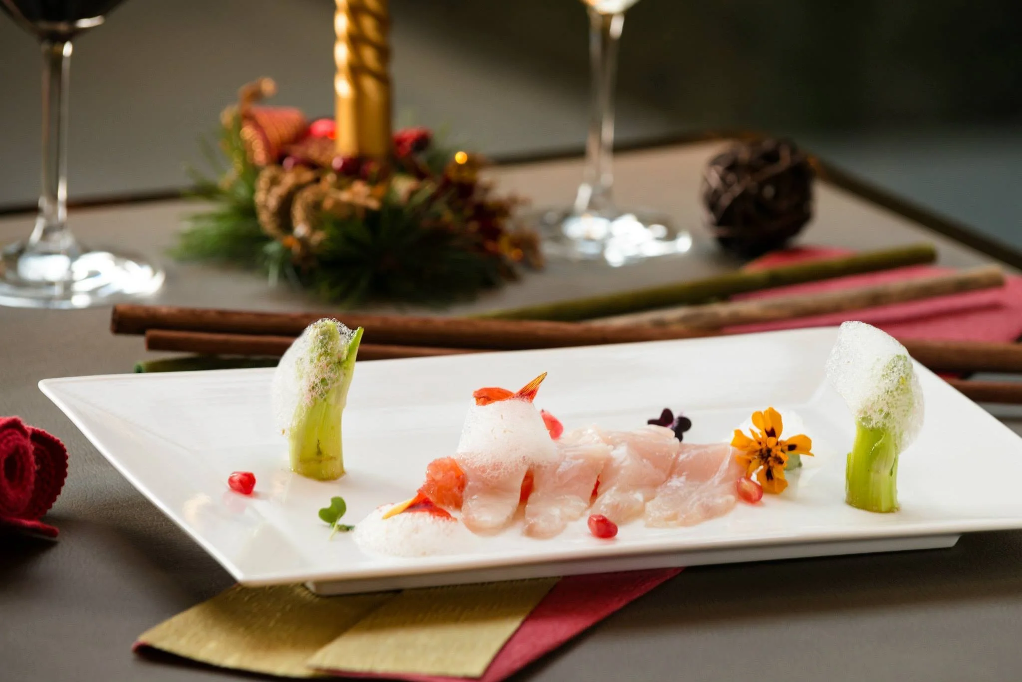 Japanese Scallop Carpaccio with green apple, chili caviar, and sesame soy dressing