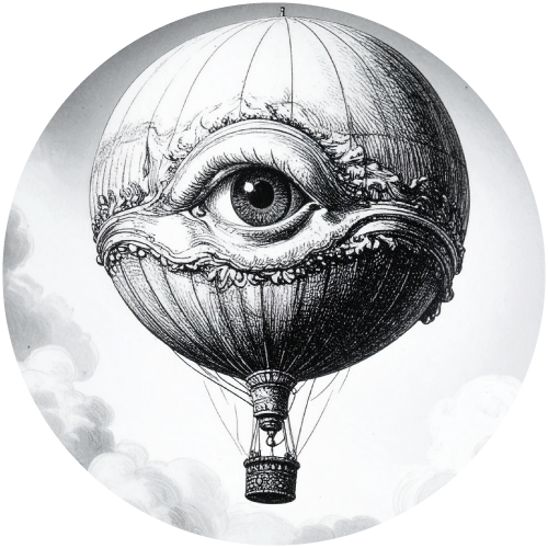 A hot air balloon with a large, detailed eye and an eye-shaped design on its surface, flying in the sky with clouds in the background.