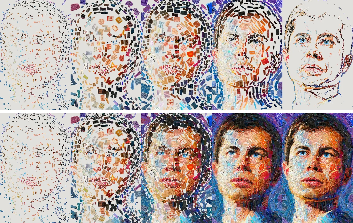 Eyes on the Horizon shown layer by layer: the top row shows each of the five layers alone, the bottom row shows them stacked until the portrait of Pete Buttigieg is complete.