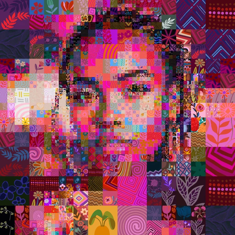 Mosaic portrait of a woman built from illustrated tiles by the Mozaix Brightness matcher