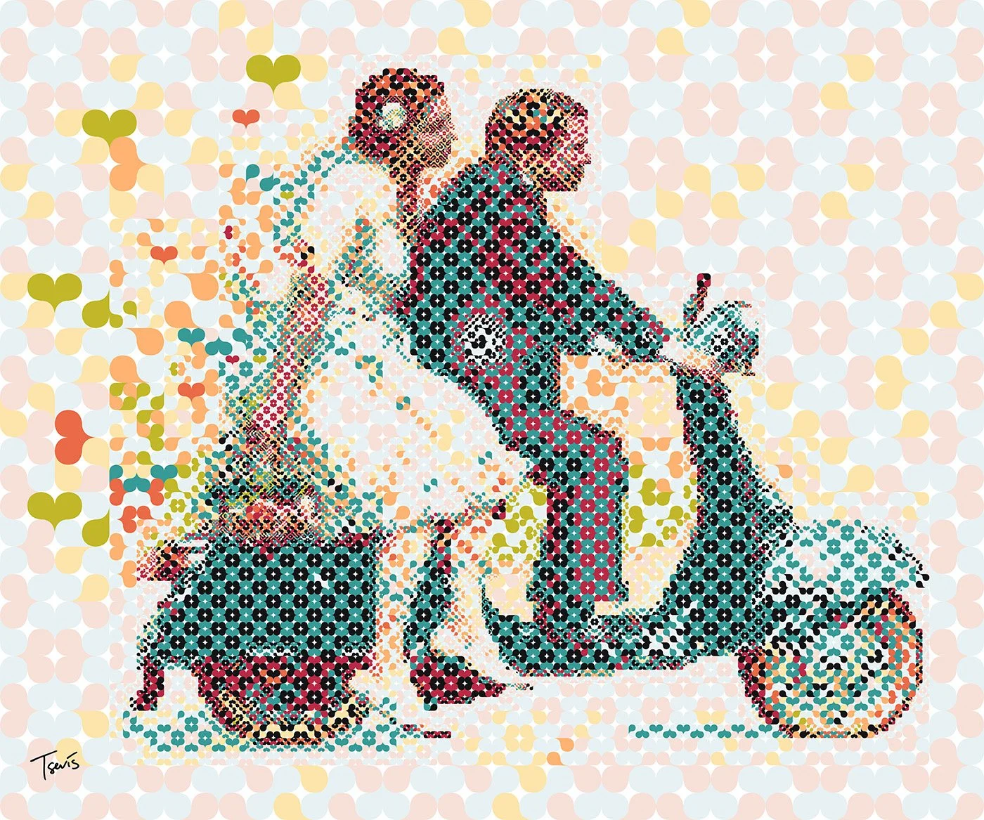 digital mosaic based on heart shapes showing a couple riding a Vespa motorbike.