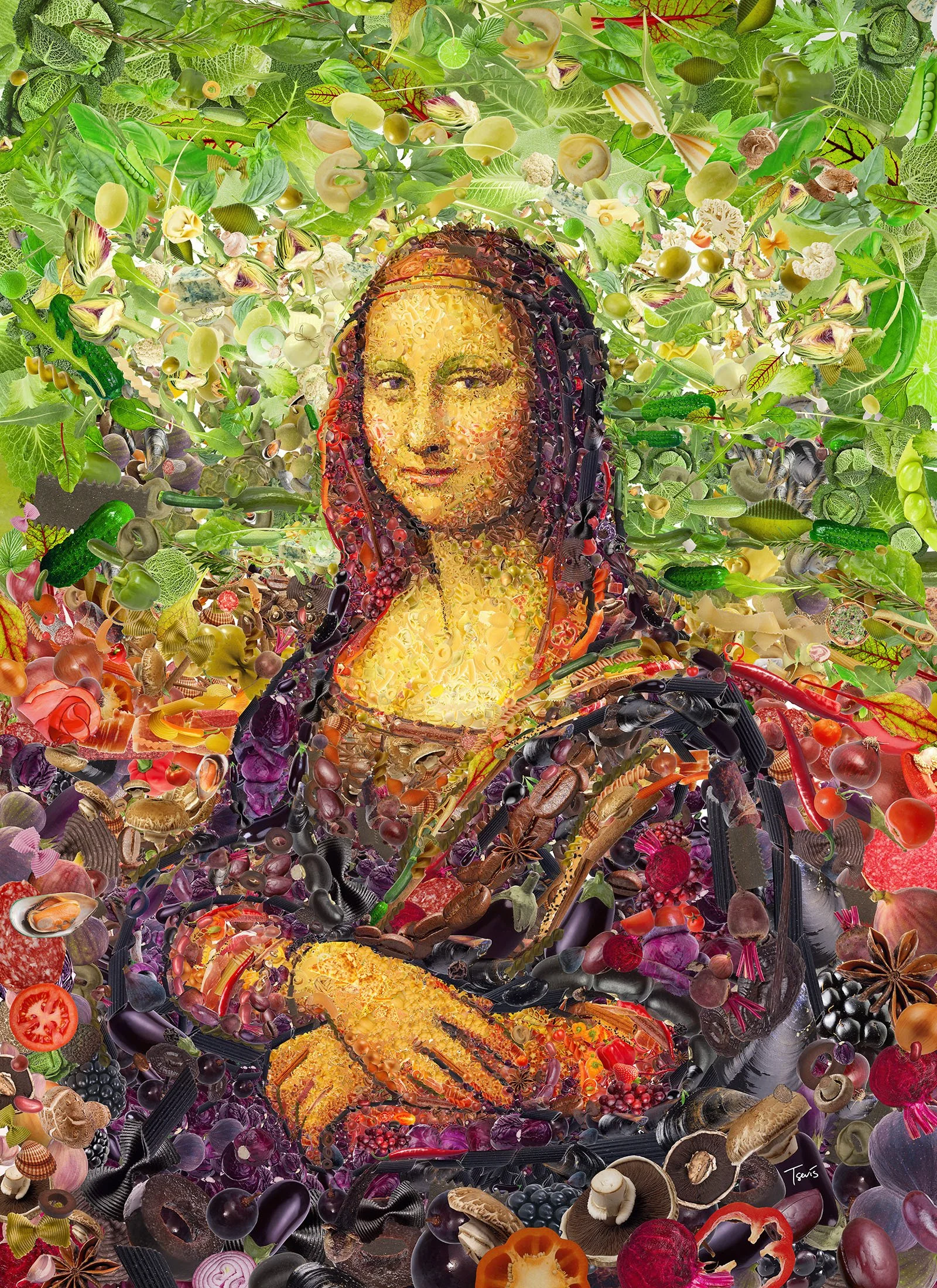 Mona Lisa mosaic from fruits and vegetables.