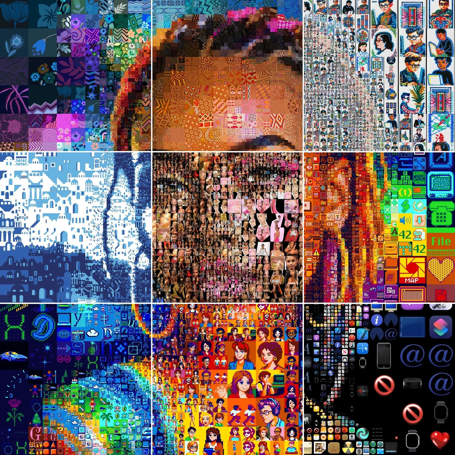 A portrait of the singer Tyla in nine squares, each built from a different library of tiles: patterns, African Bricks, Mahjong tiles, Cycladic houses, photographs, icons and pixel figures
