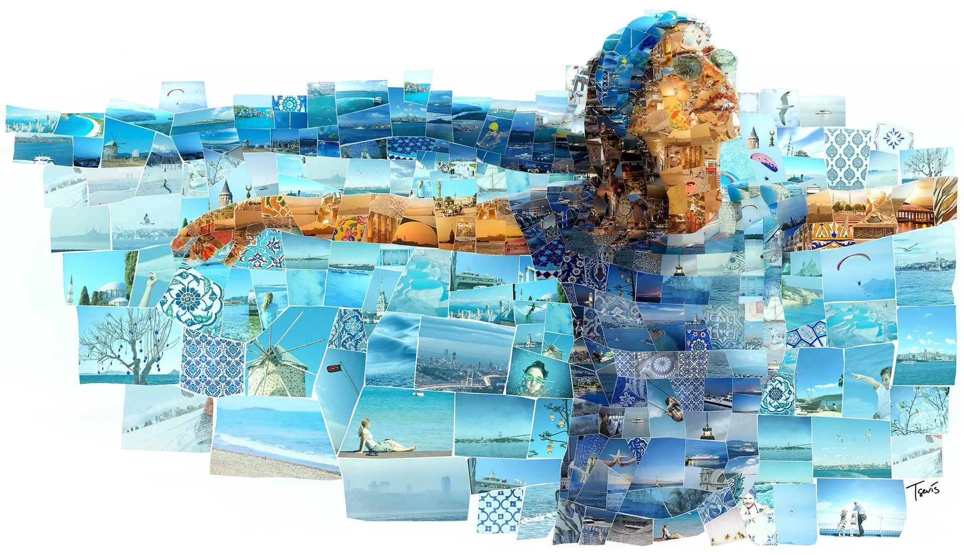 IDO travel mosaic. Sea scene from city photos and summer vacation. Annual report illustration