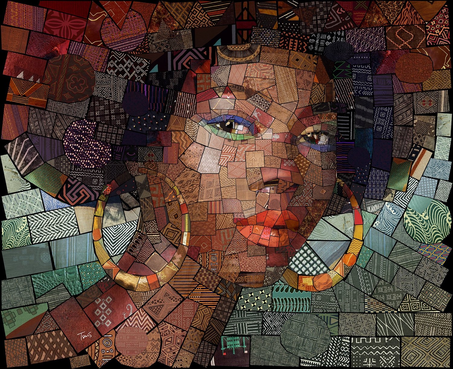 Digital mosaic close-up of a face with large gold hoop earrings, built from dark and teal African pattern tiles