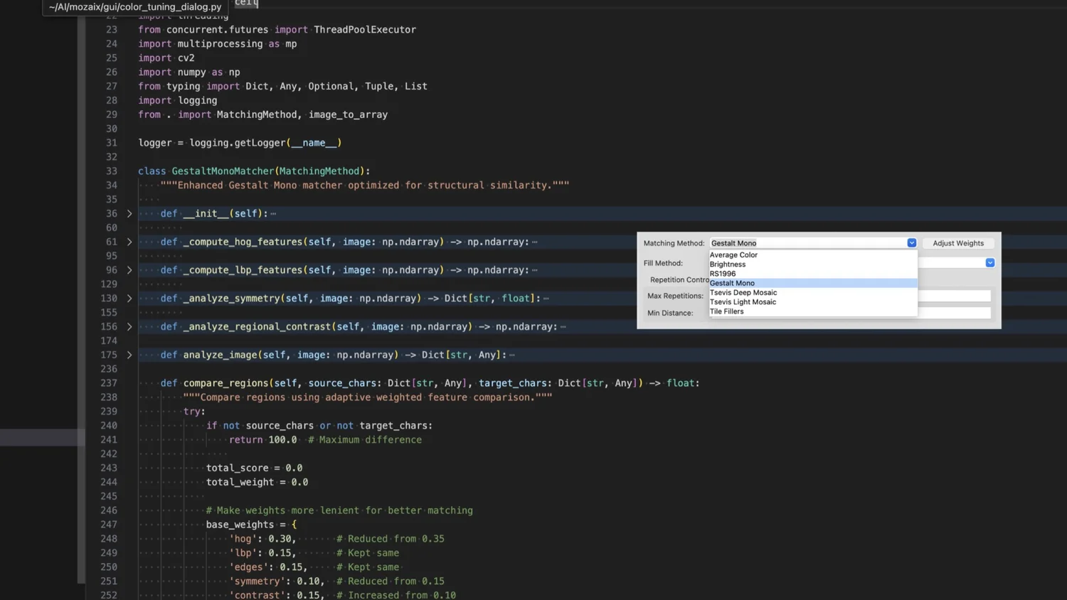 Screenshot of Python code for the GestaltMonoMatcher algorithm in Mozaix digital mosaic application, showing custom implementation of visual perception principles with feature weighting controls - example of creating rather than consuming AI tools
