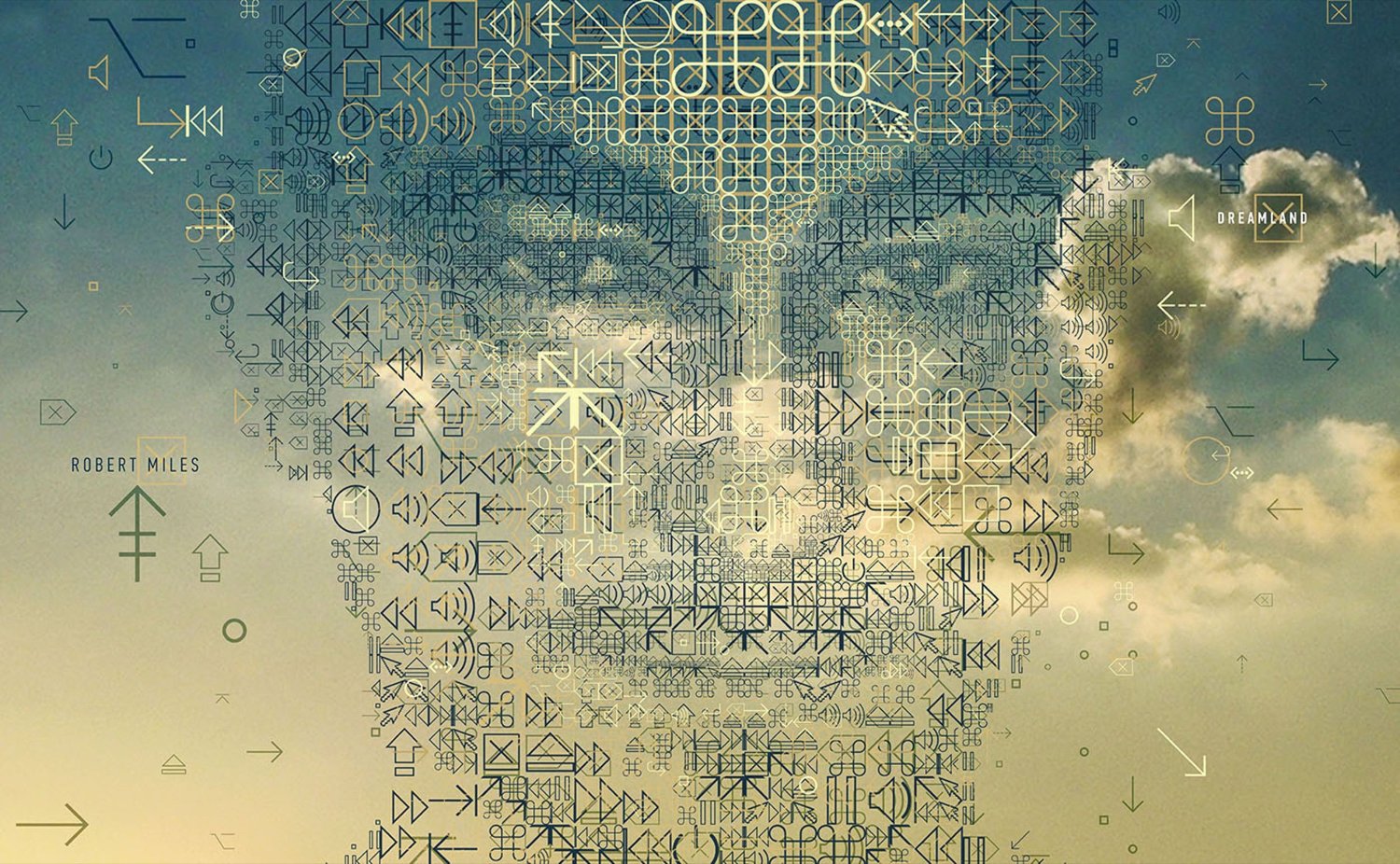 A vibrant, multilayered mosaic illustration of a person standing with arms outstretched, created using an advanced ASCII art technique. The figure is composed of intricate geometric shapes, symbols, and directional arrows in gold, blue, and green tones, forming a richly textured silhouette against a soft sky background. The words "ROBERT MILES" and "DREAMLAND" are subtly embedded into the design using typographic elements.