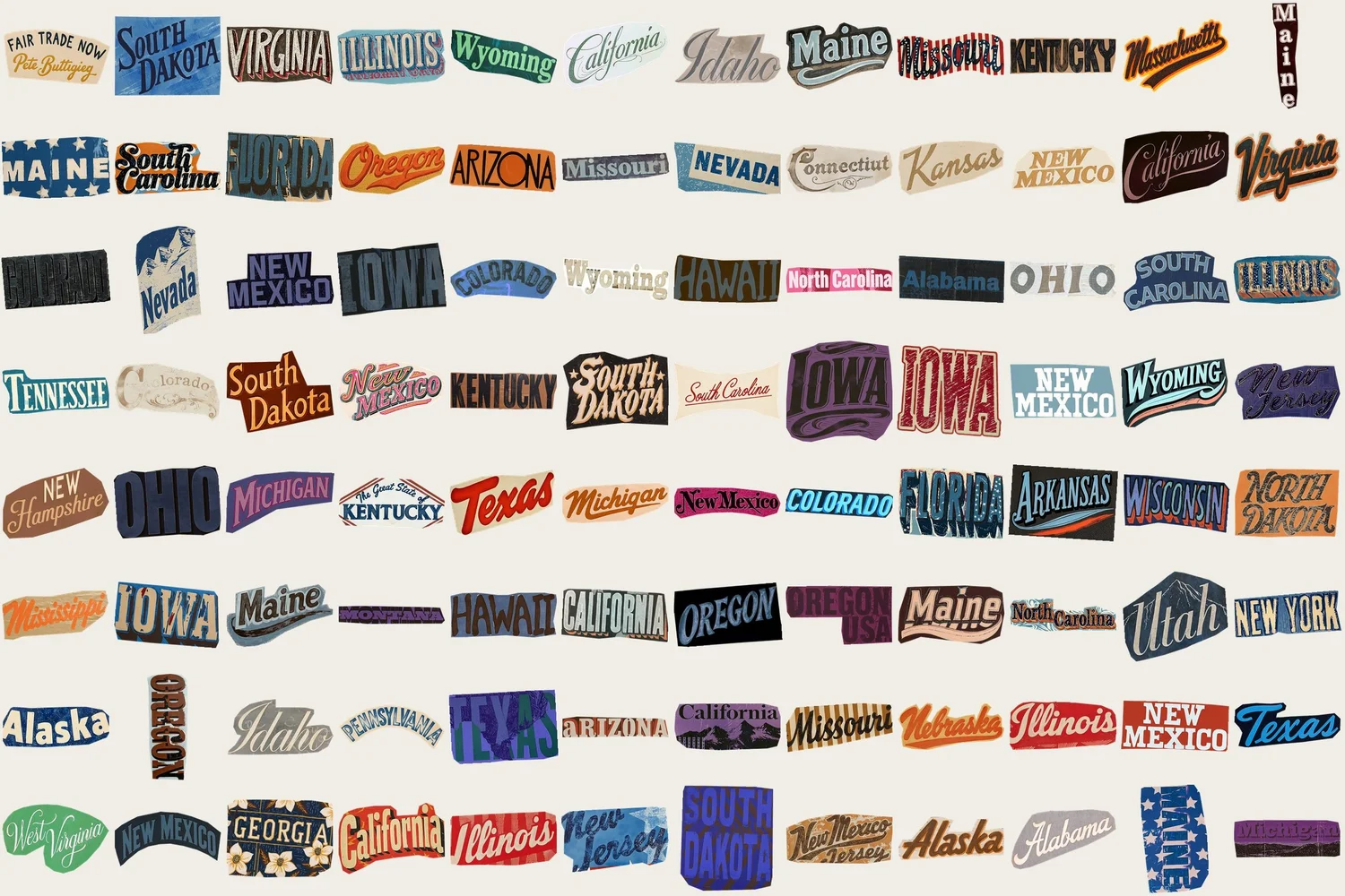 Plate of state-name pieces in many lettering styles: Iowa, Michigan, New Mexico, Texas, Maine, South Dakota and more.